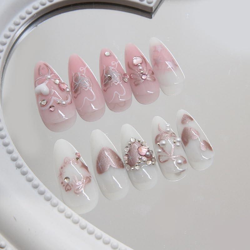 Uñas Postizas Cortas Almendras XMMXNBJ 30 Pcs Rosadas 3D