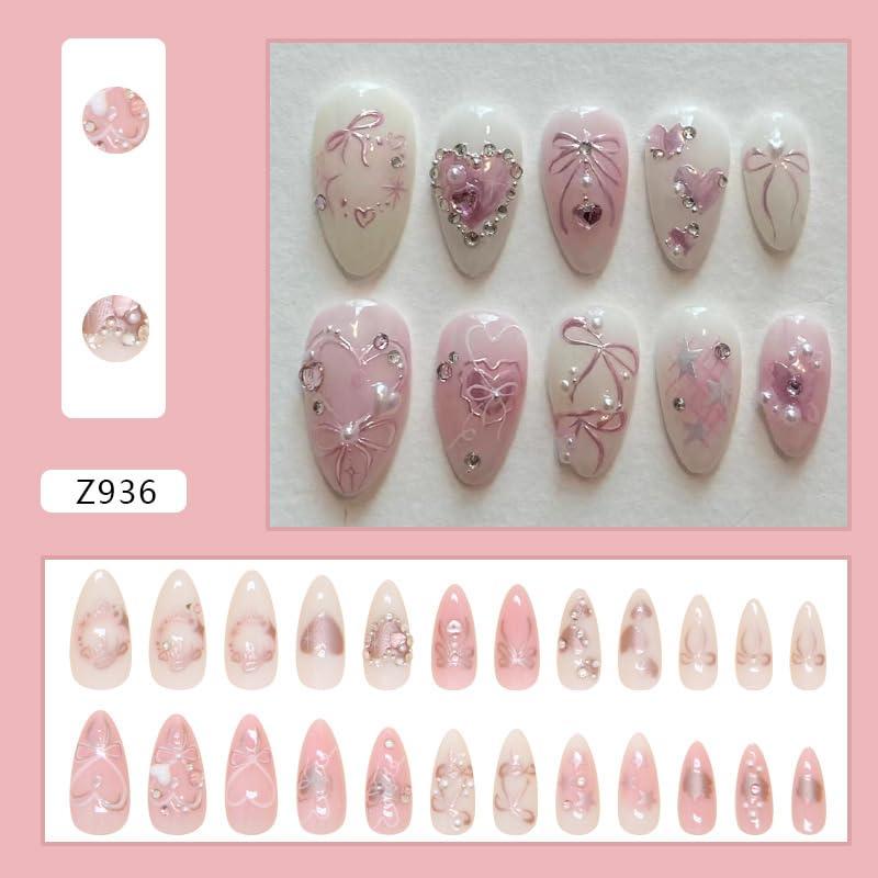 Uñas Postizas Cortas Almendras XMMXNBJ 30 Pcs Rosadas 3D