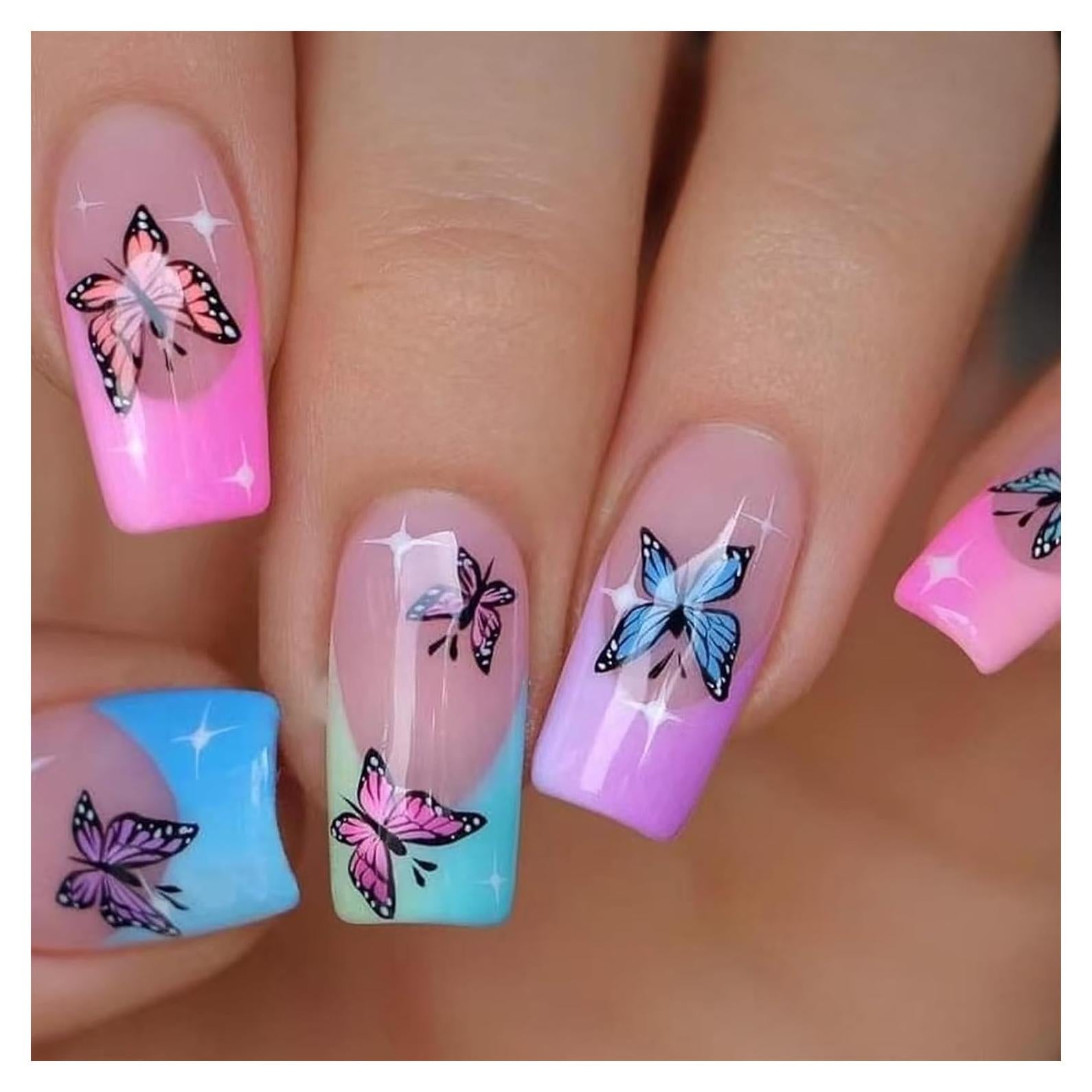 Uñas Postizas Cuadradas Medianas SINHOT 24pcs con Pegamento