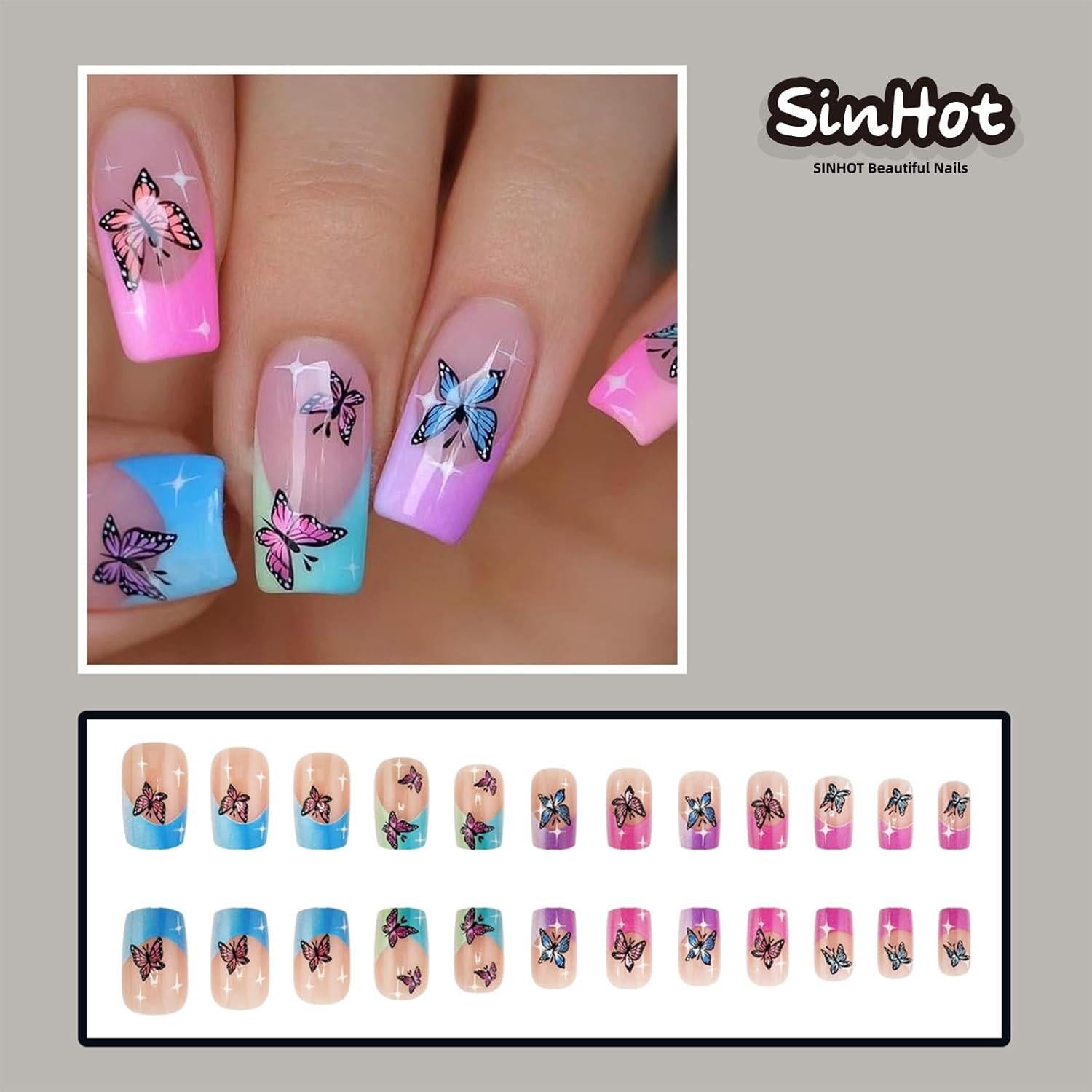 Uñas Postizas Cuadradas Medianas SINHOT 24pcs con Pegamento