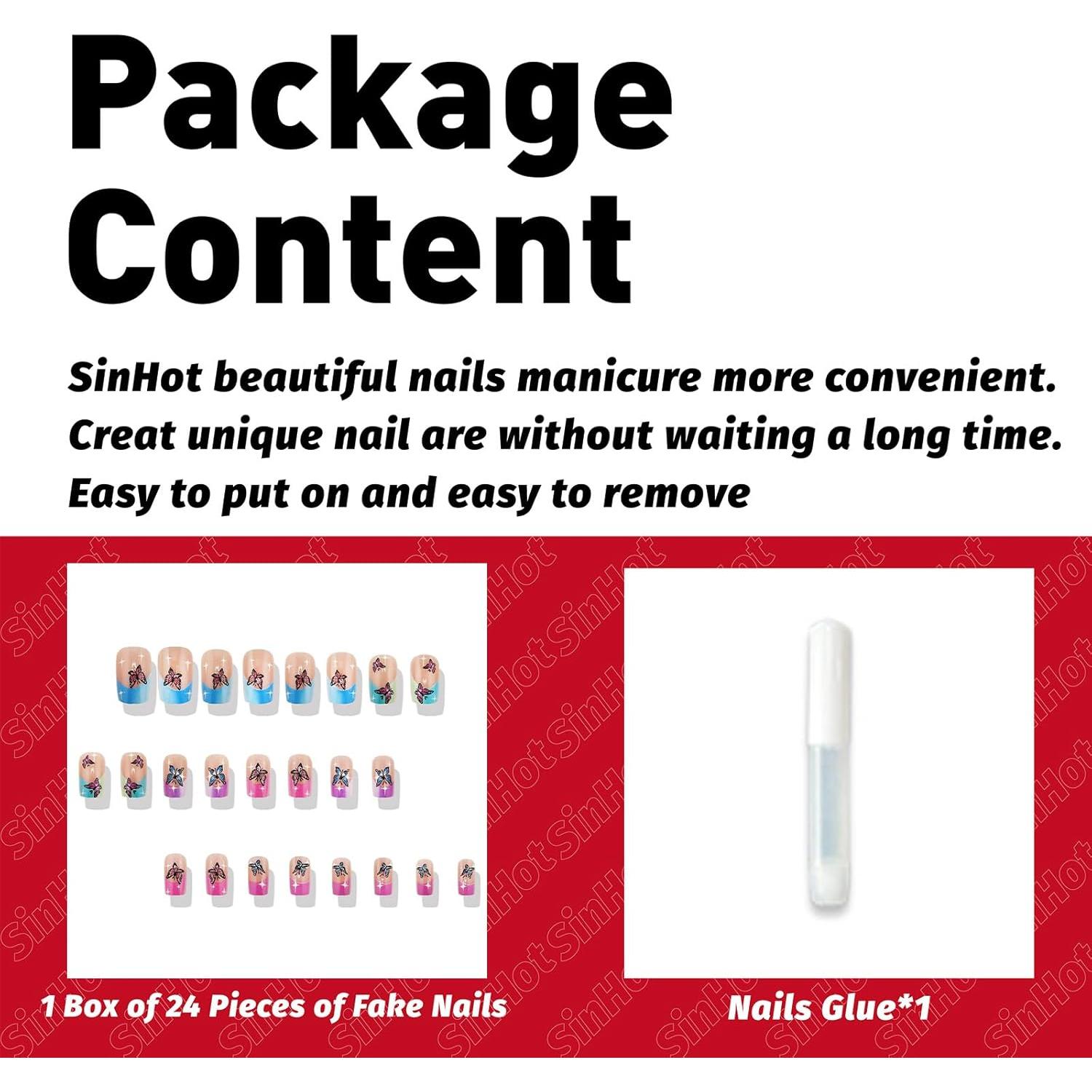 Uñas Postizas Cuadradas Medianas SINHOT 24pcs con Pegamento