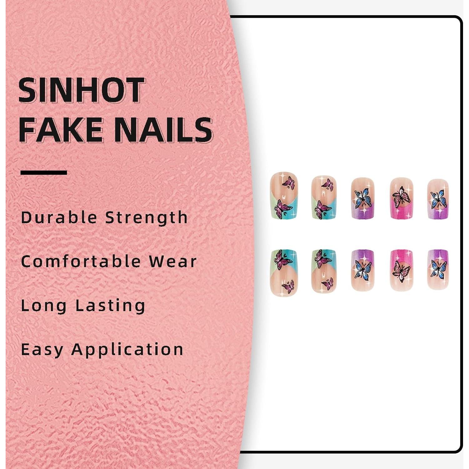 Uñas Postizas Cuadradas Medianas SINHOT 24pcs con Pegamento