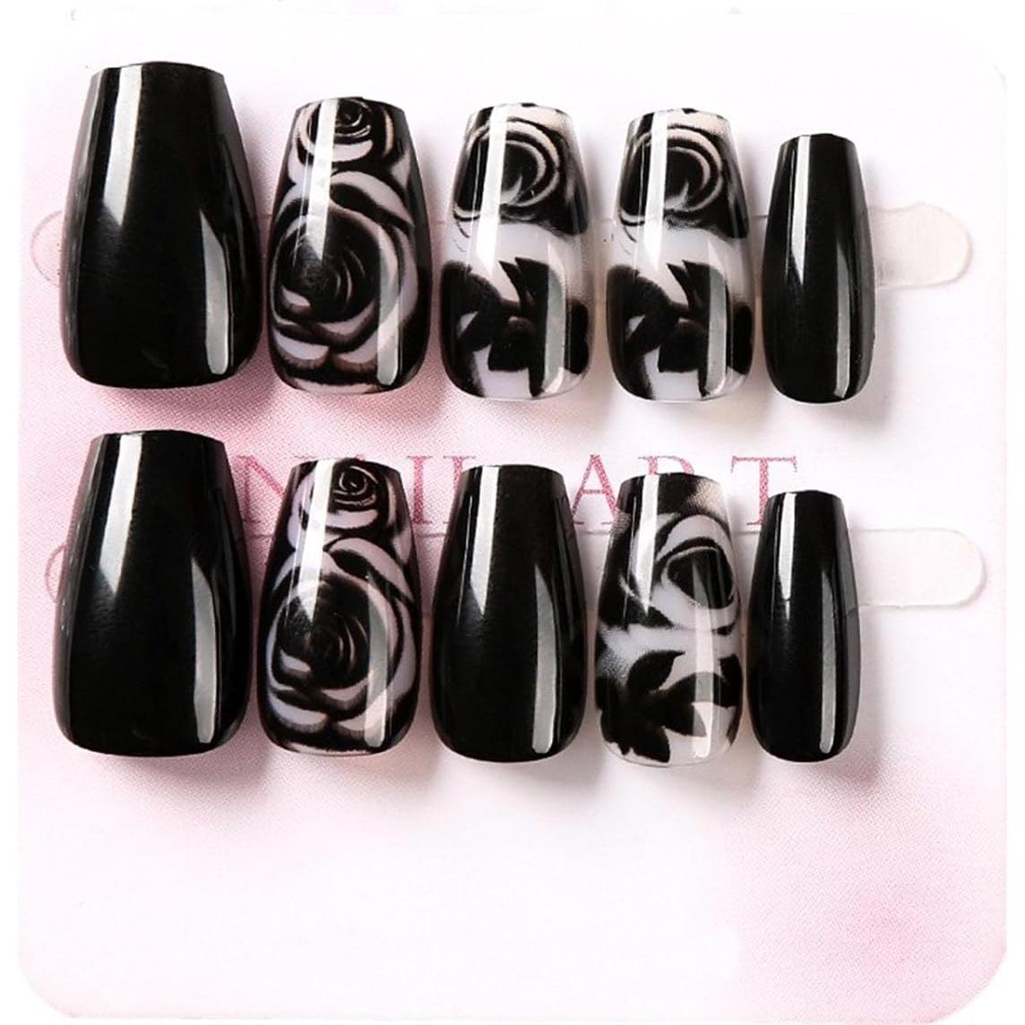 Uñas Postizas Cortas Coffin PXUEZAY con Diseños de Flores 24 Pcs