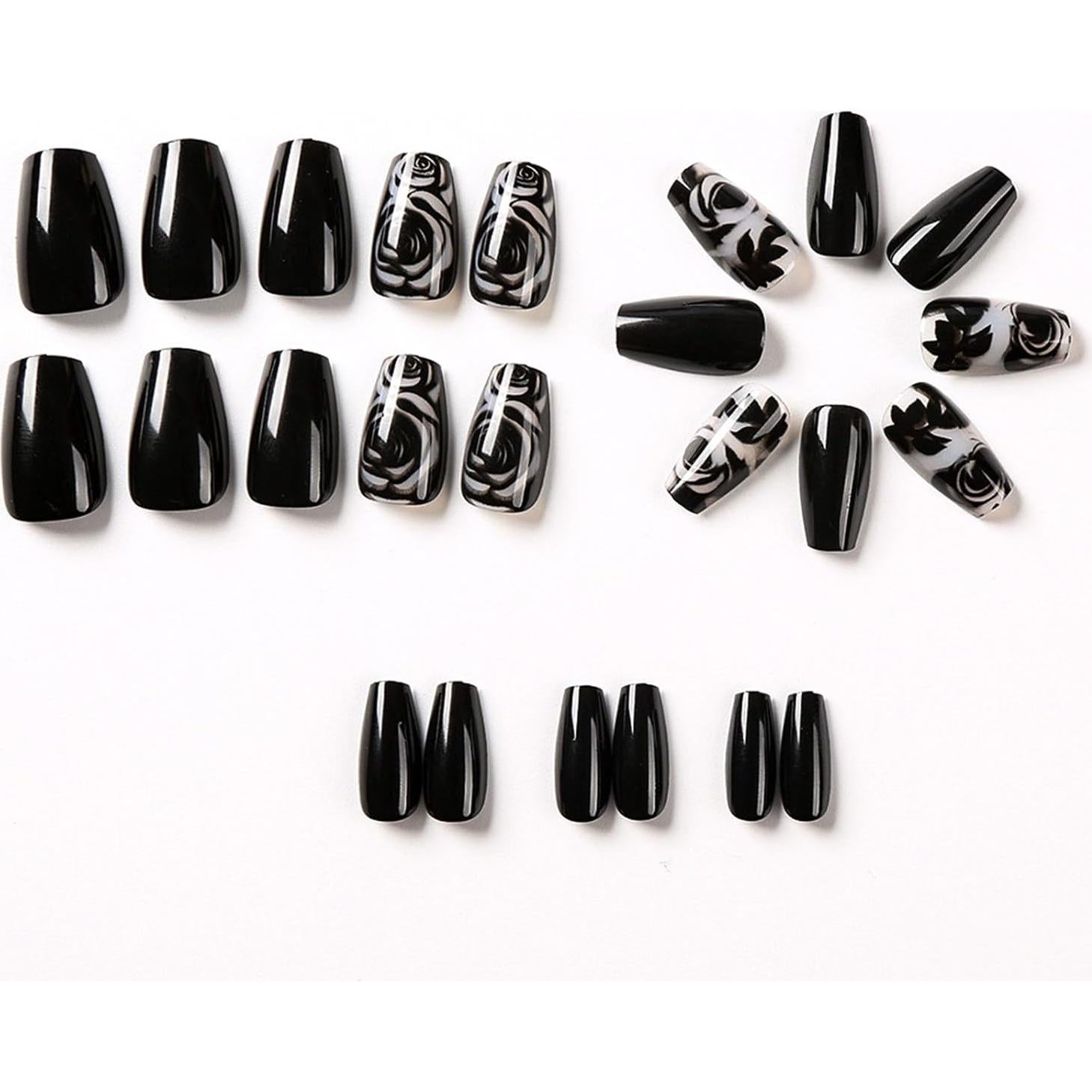 Uñas Postizas Cortas Coffin PXUEZAY con Diseños de Flores 24 Pcs