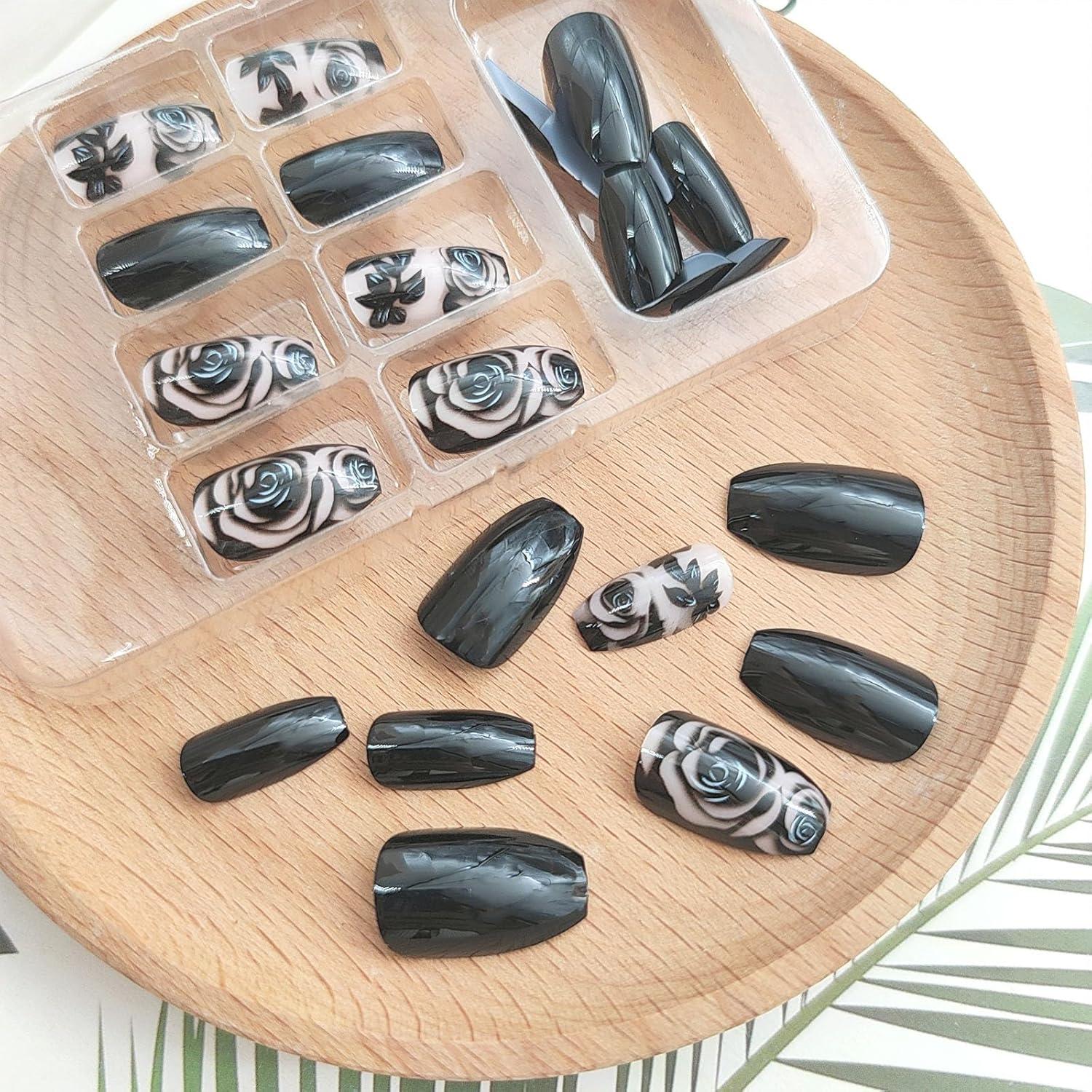 Uñas Postizas Cortas Coffin PXUEZAY con Diseños de Flores 24 Pcs