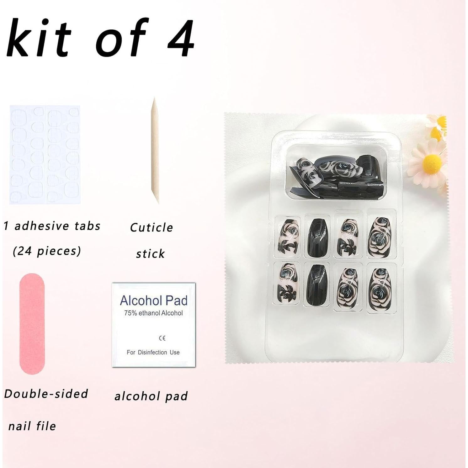 Uñas Postizas Cortas Coffin PXUEZAY con Diseños de Flores 24 Pcs