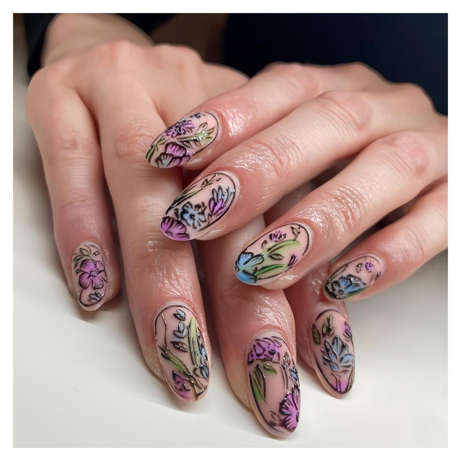 Uñas Postizas de Flores Coloridas 24 Pcs Acrílicas LBPEPAMZ