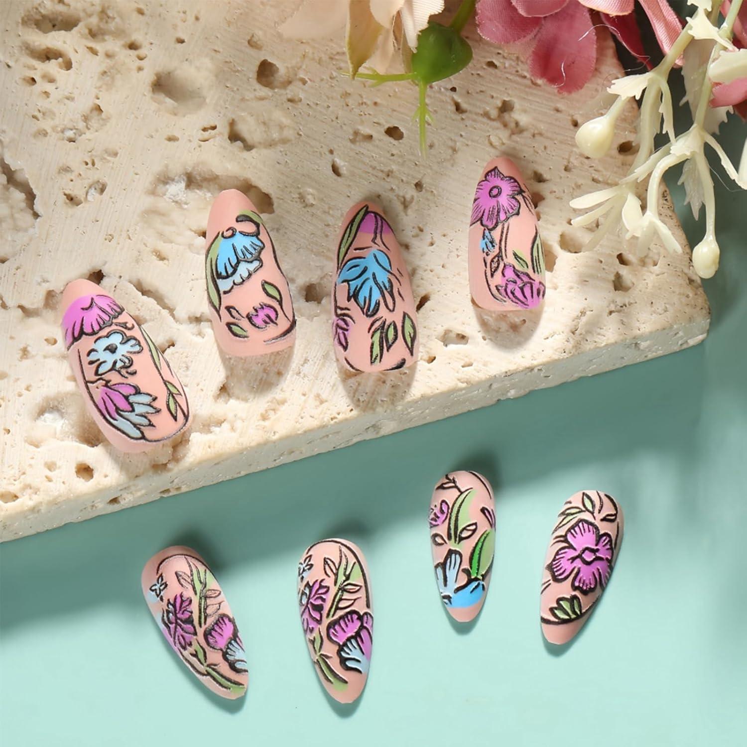 Uñas Postizas de Flores Coloridas 24 Pcs Acrílicas LBPEPAMZ