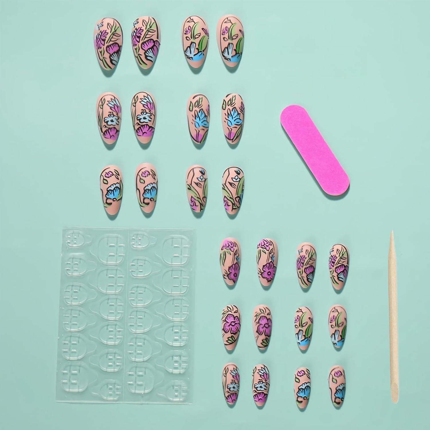 Uñas Postizas de Flores Coloridas 24 Pcs Acrílicas LBPEPAMZ