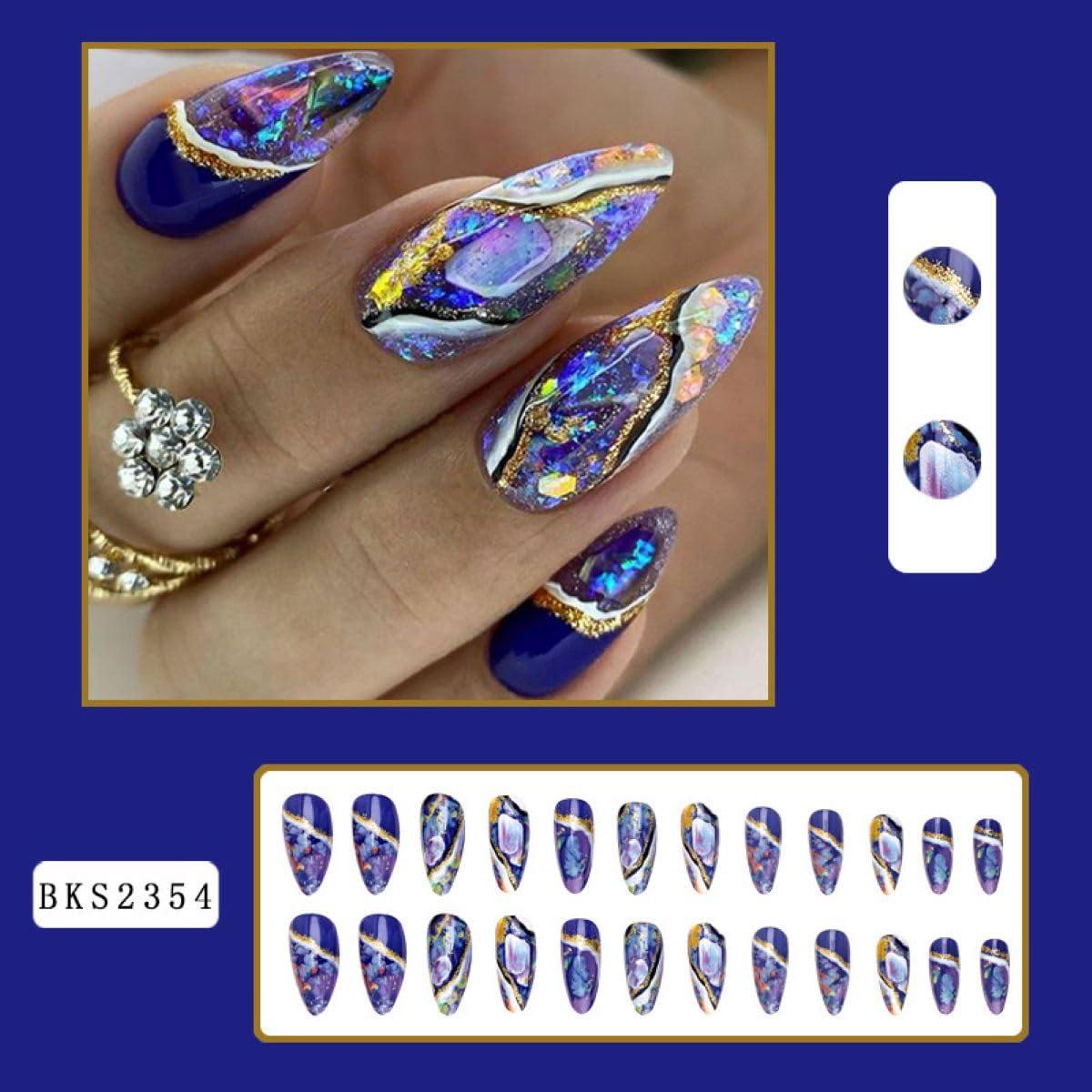 Uñas Postizas Almendra Azul Brillante 24pcs Sevgob