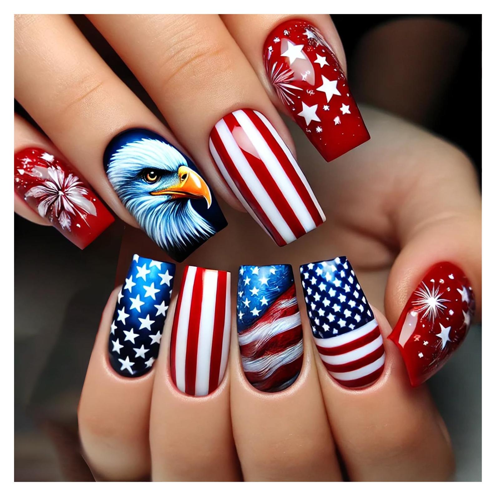 4th of July Press on Nails Independence Day False Nails Medium Square Acrylic Nail American Flag Glossy Glue on Nail for Women DIY Patriotic Manicure
