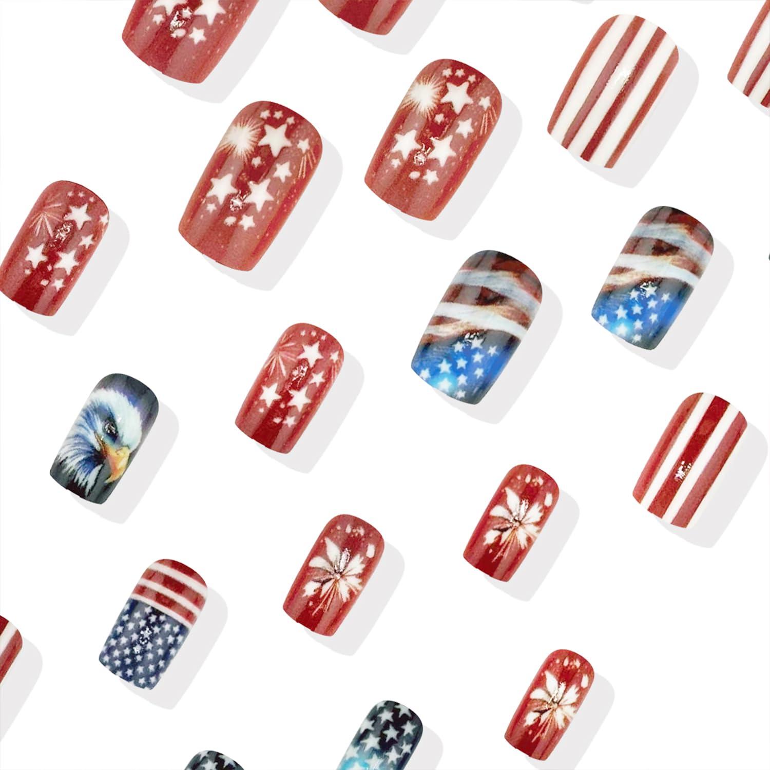 4th of July Press on Nails Independence Day False Nails Medium Square Acrylic Nail American Flag Glossy Glue on Nail for Women DIY Patriotic Manicure