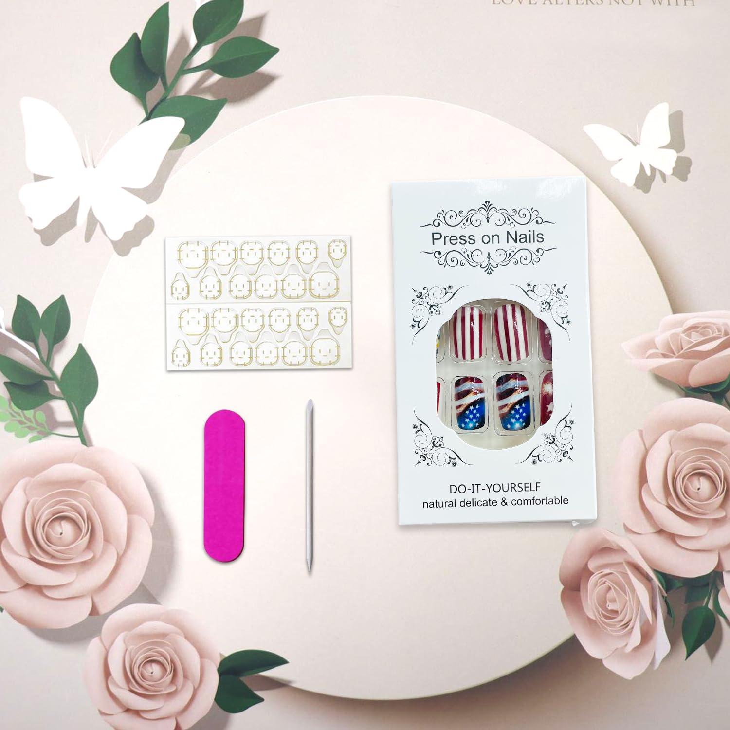 4th of July Press on Nails Independence Day False Nails Medium Square Acrylic Nail American Flag Glossy Glue on Nail for Women DIY Patriotic Manicure