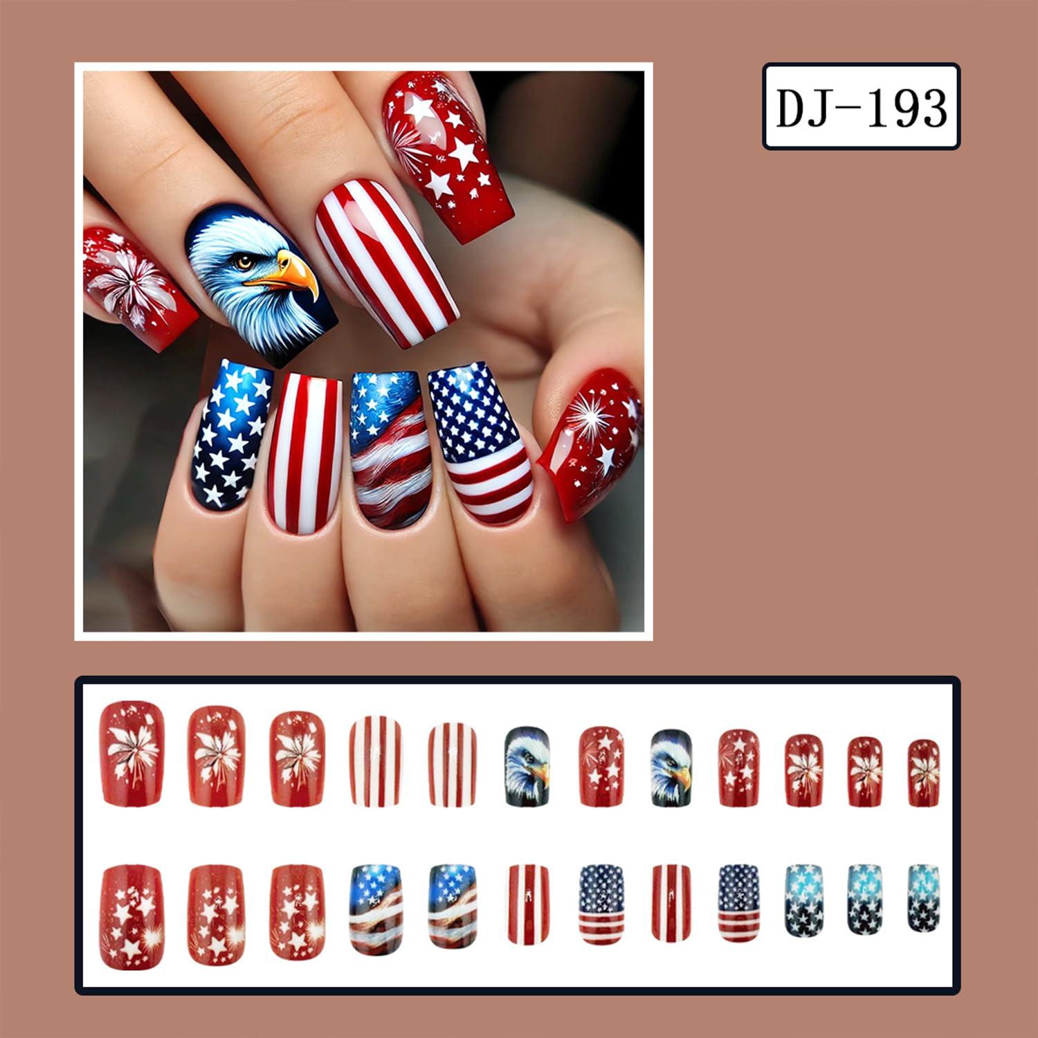 4th of July Press on Nails Independence Day False Nails Medium Square Acrylic Nail American Flag Glossy Glue on Nail for Women DIY Patriotic Manicure
