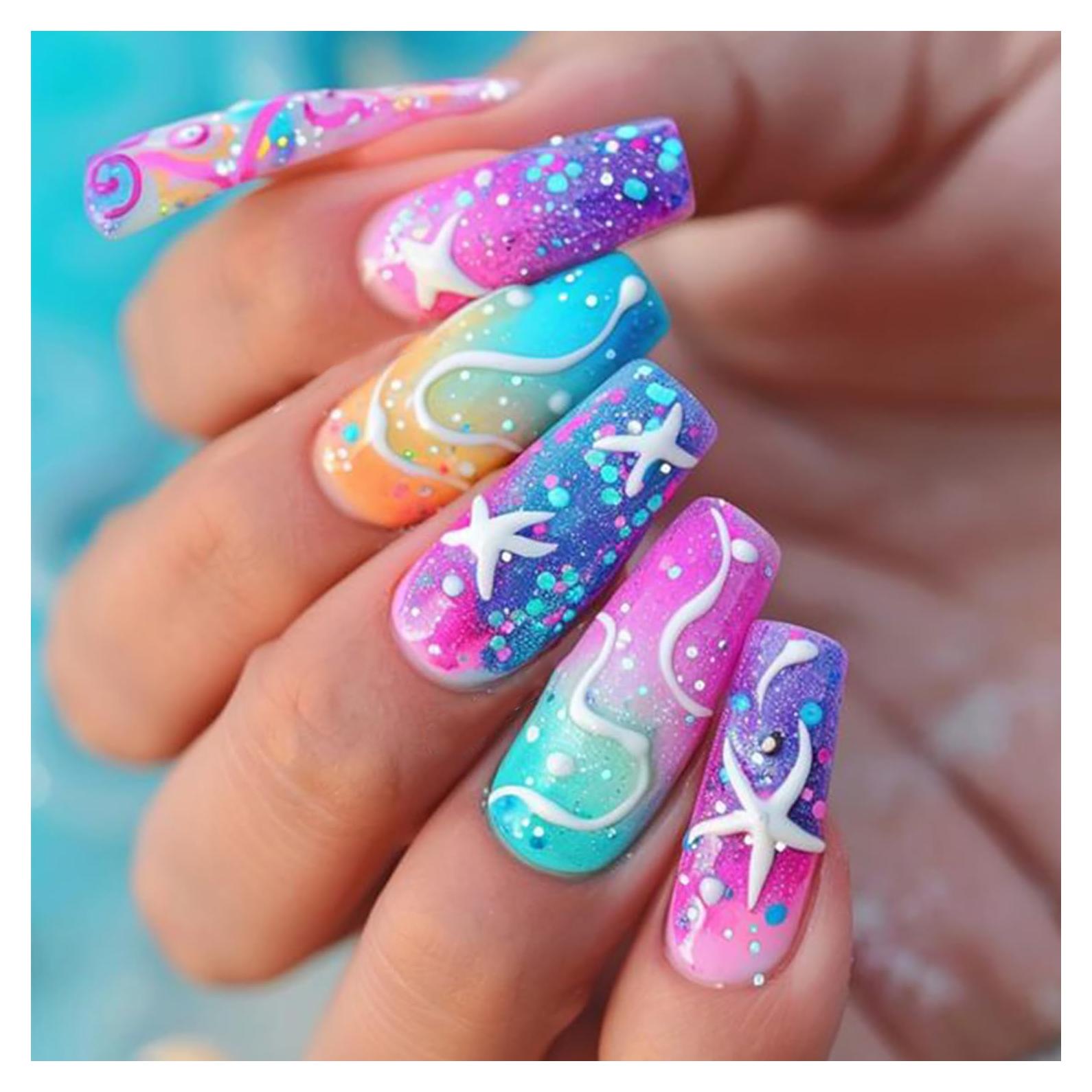 Uñas Postizas Largas Coloridas LOPMNGHT con Diseño Estrella de Mar