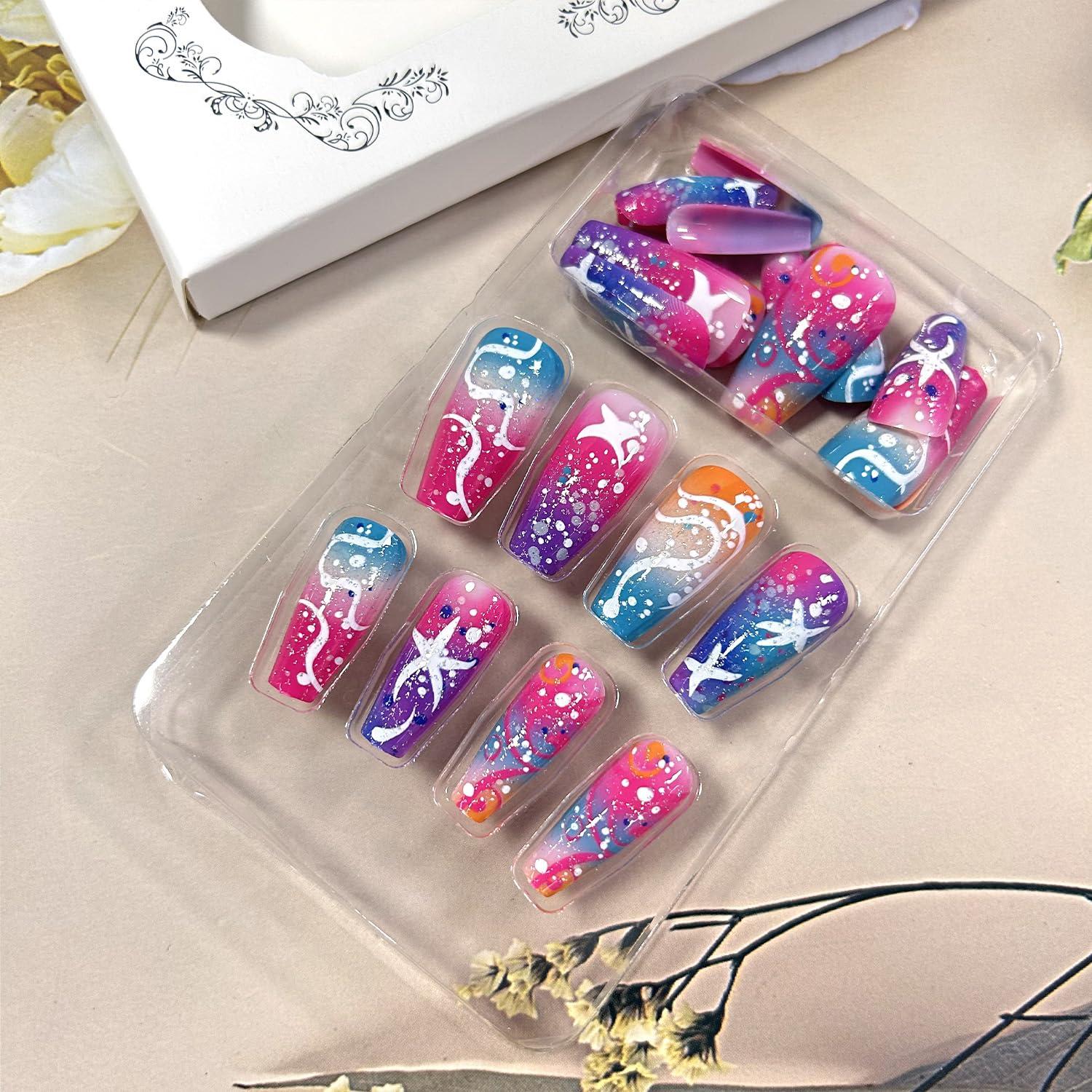 Uñas Postizas Largas Coloridas LOPMNGHT con Diseño Estrella de Mar