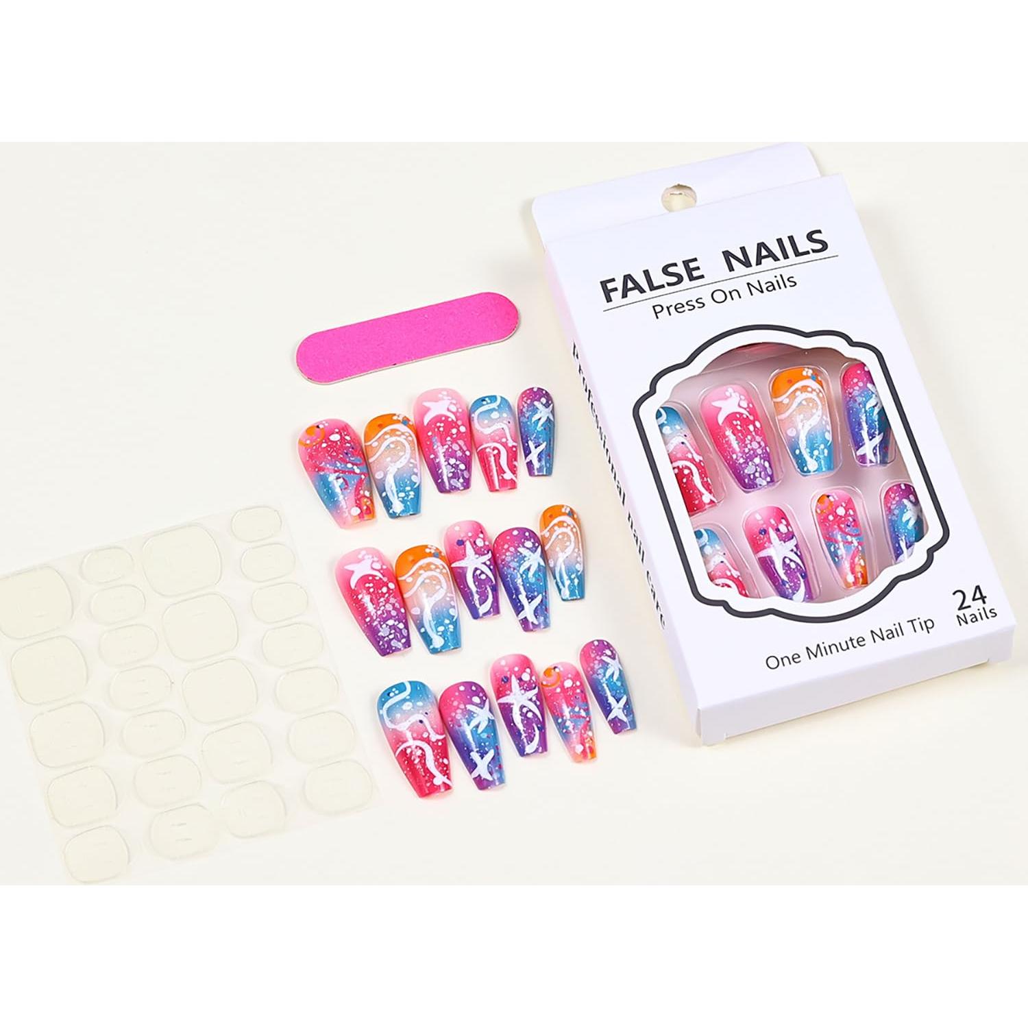 Uñas Postizas Largas Coloridas LOPMNGHT con Diseño Estrella de Mar