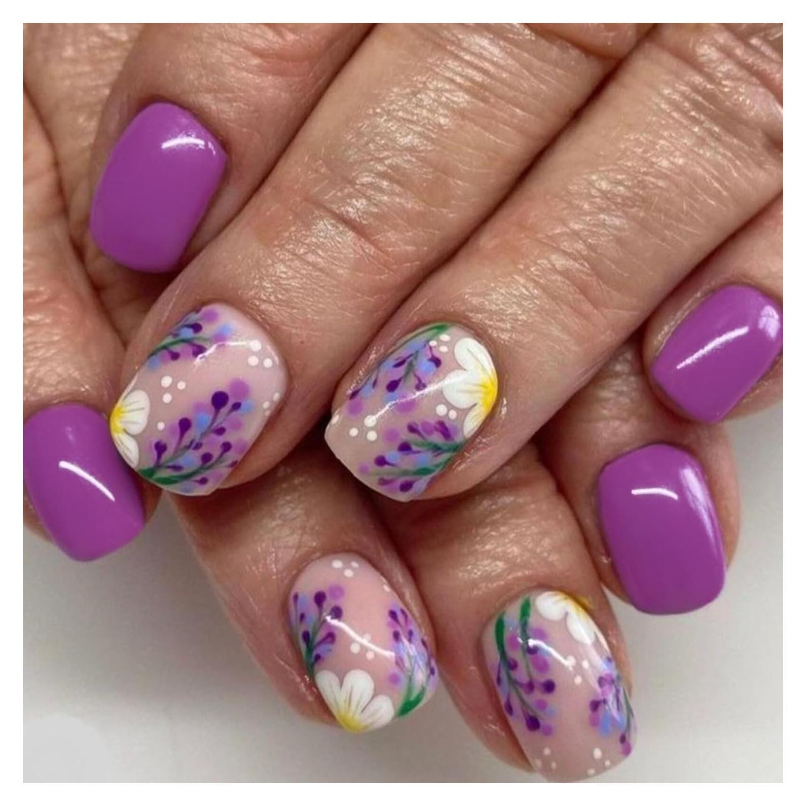 Uñas Postizas Cortas Cuadradas MIXFOSAHN con Flores Moradas 24 Pcs