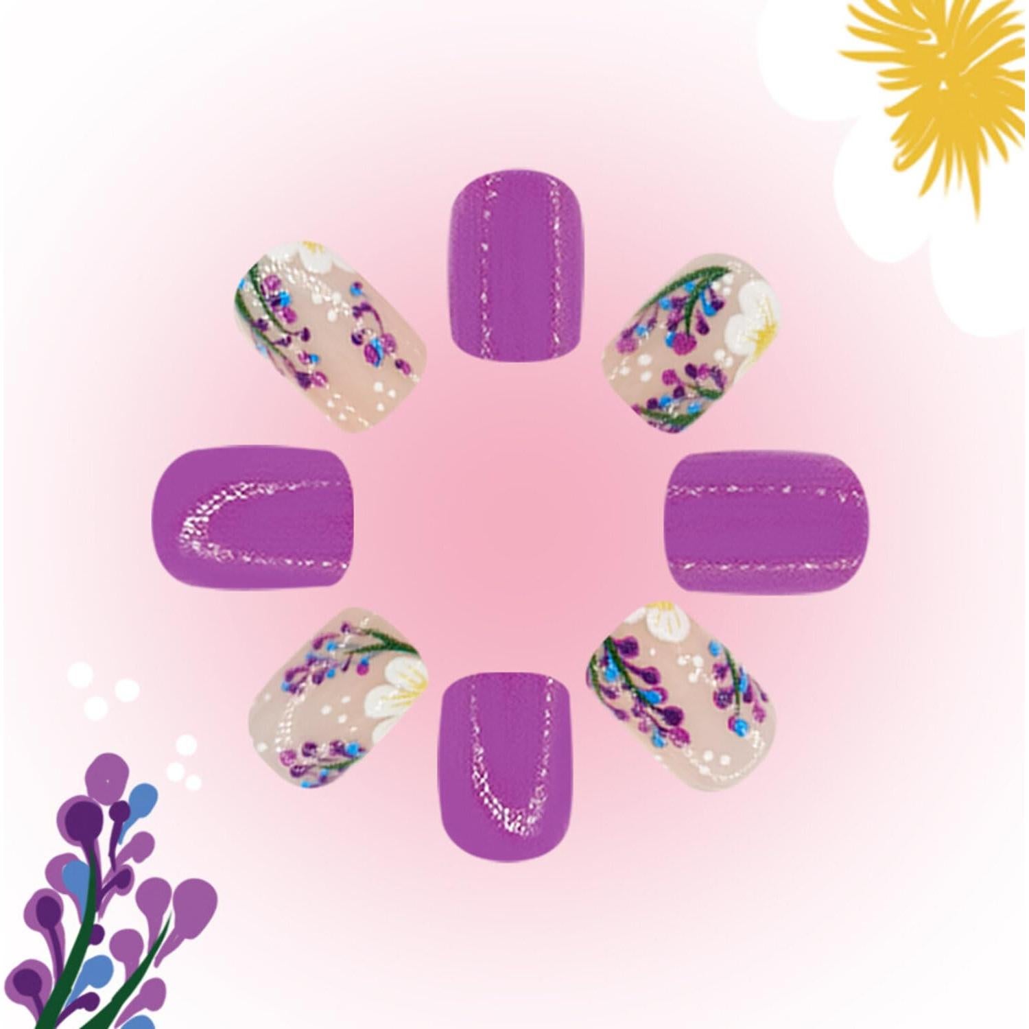 Uñas Postizas Cortas Cuadradas MIXFOSAHN con Flores Moradas 24 Pcs