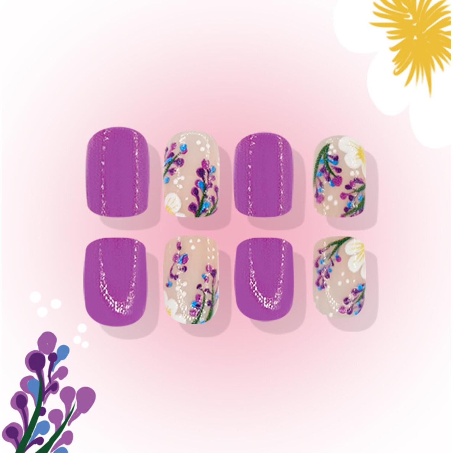 Uñas Postizas Cortas Cuadradas MIXFOSAHN con Flores Moradas 24 Pcs