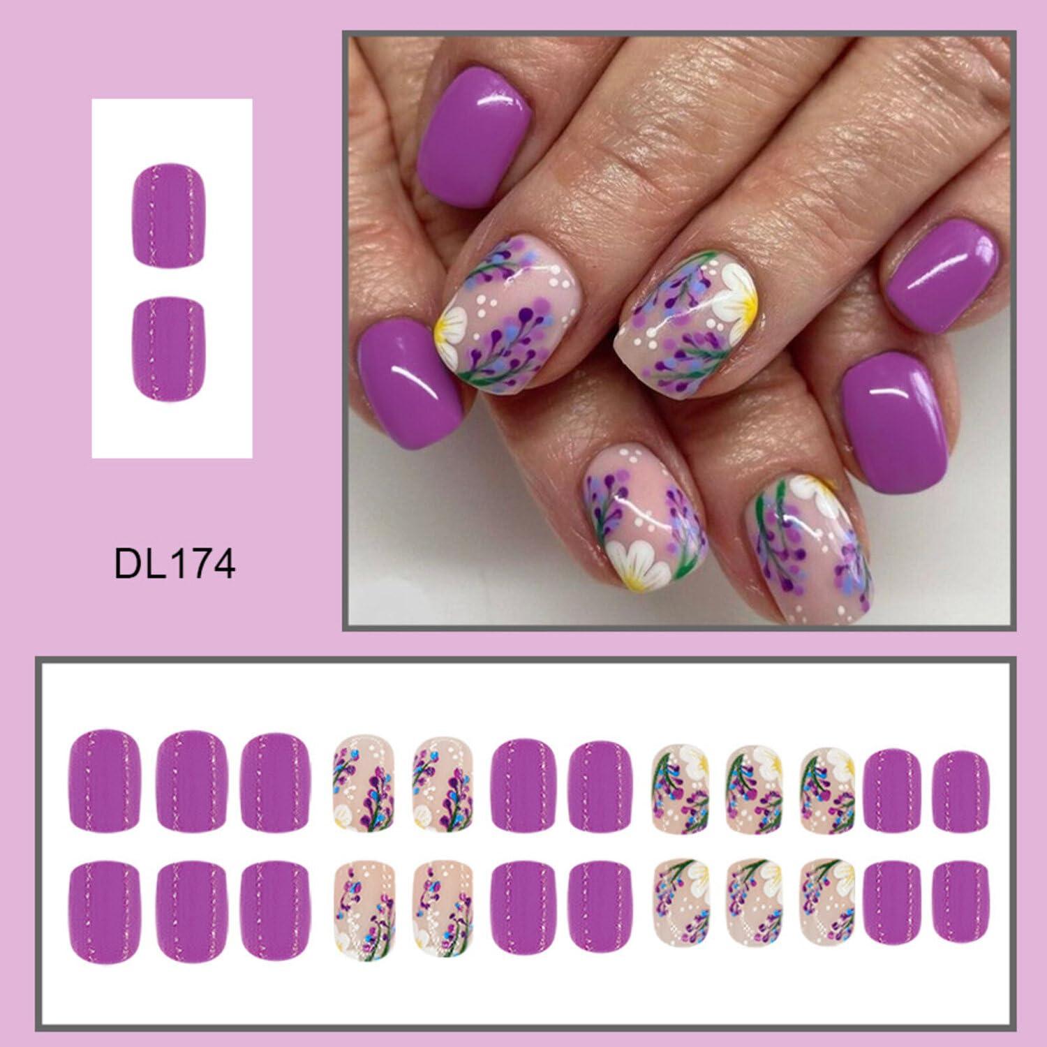 Uñas Postizas Cortas Cuadradas MIXFOSAHN con Flores Moradas 24 Pcs