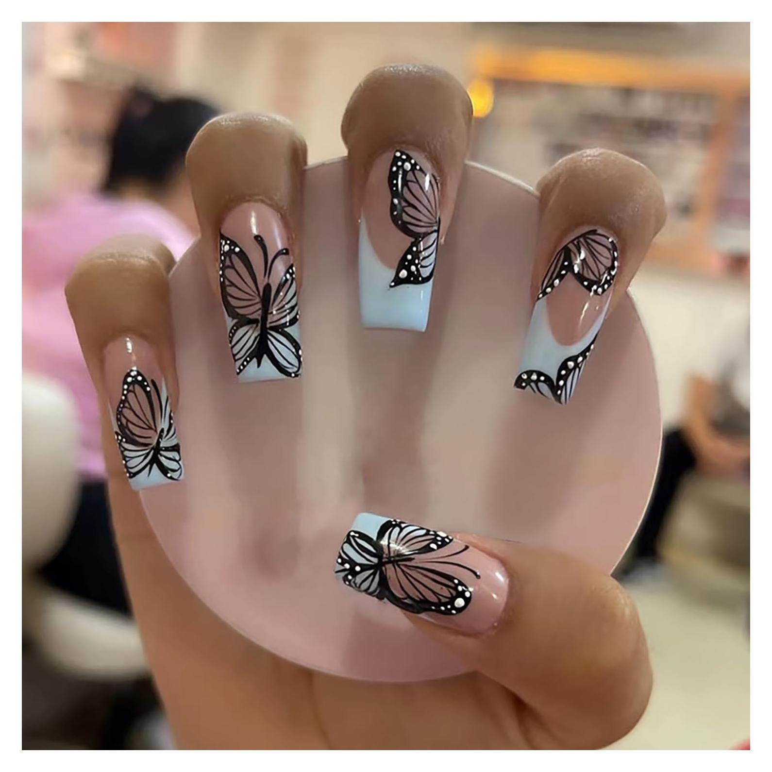 Uñas Postizas Vezocim Mariposa Negra 24 Piezas Medianas