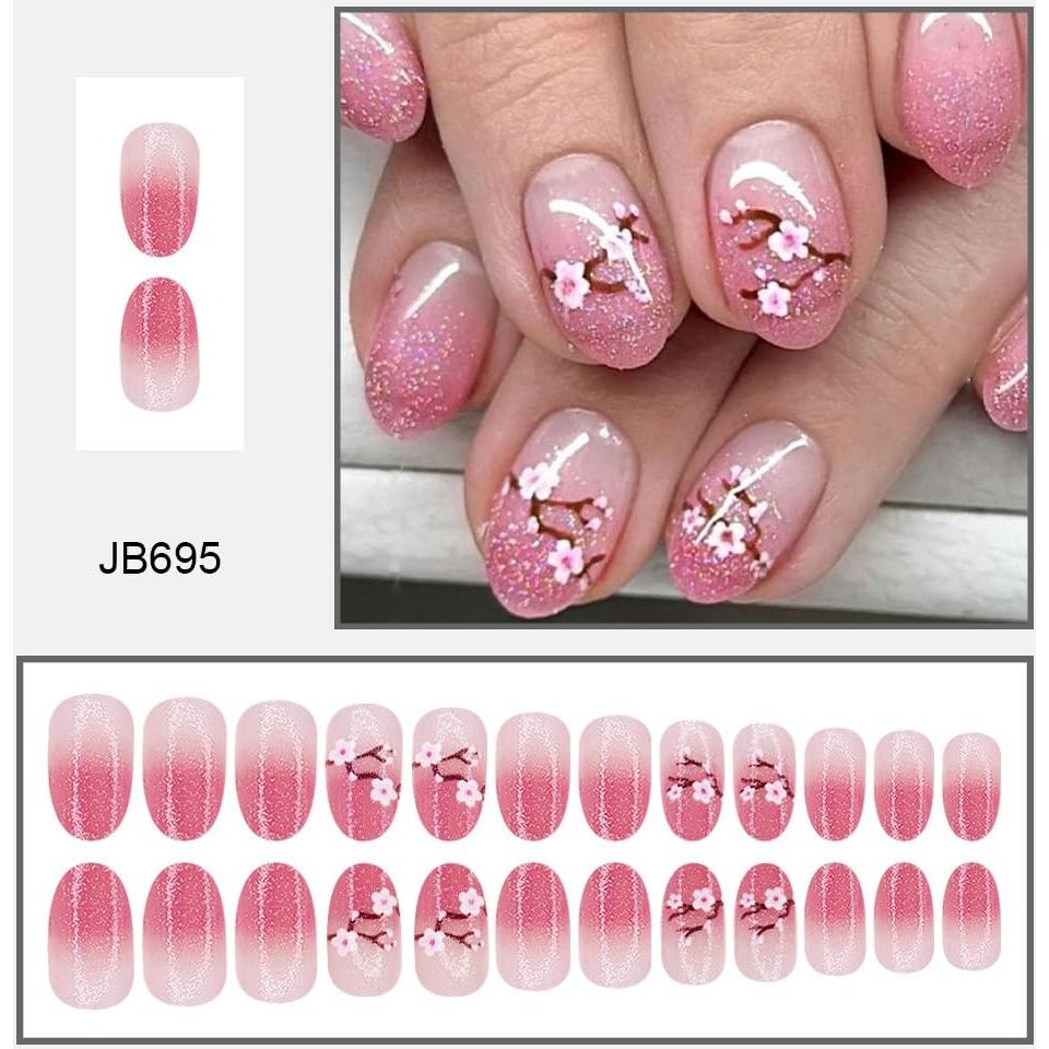 24 Uñas Postizas Acrílicas Flor Rosa Brillante Reutilizables