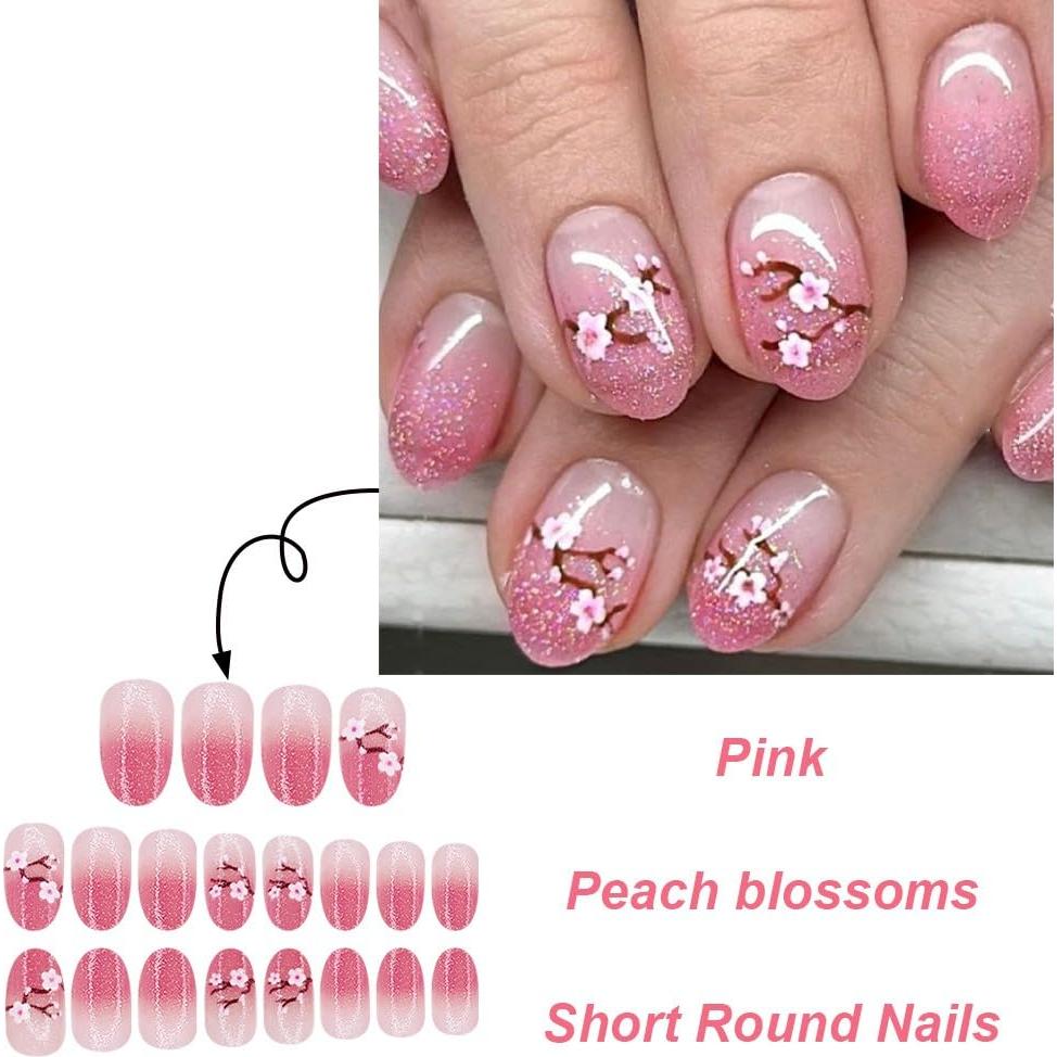 24 Uñas Postizas Acrílicas Flor Rosa Brillante Reutilizables