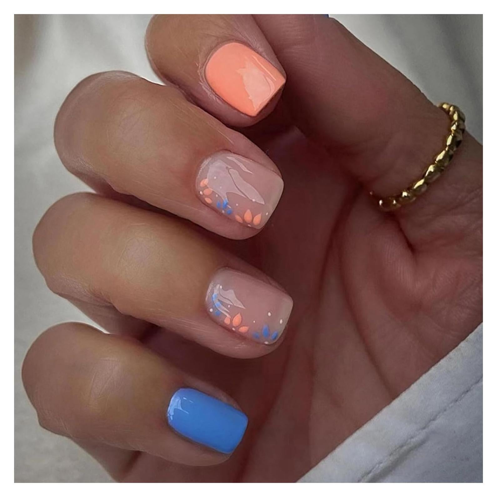 Uñas Postizas Cortas BDRUIXING Flores Azul Naranja 24 Pcs