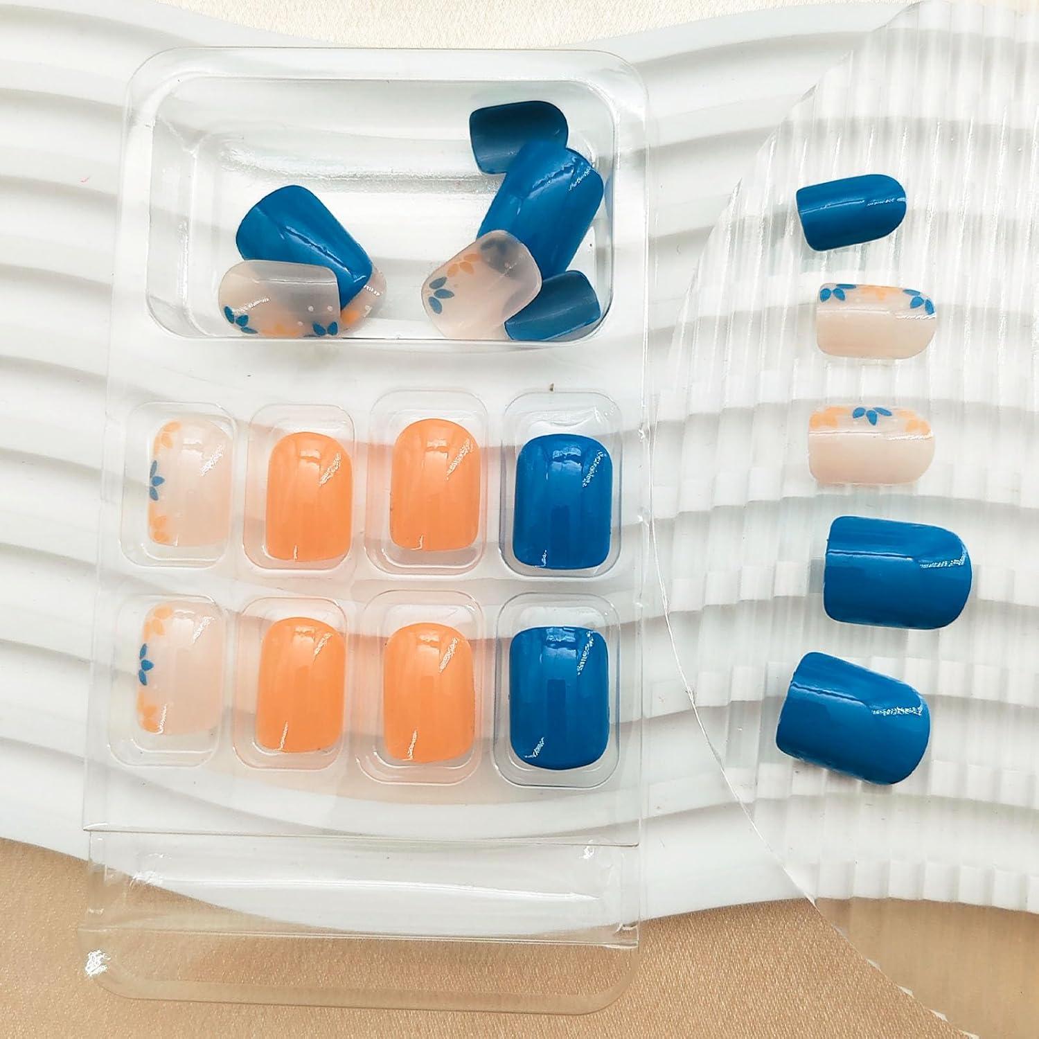 Uñas Postizas Cortas BDRUIXING Flores Azul Naranja 24 Pcs