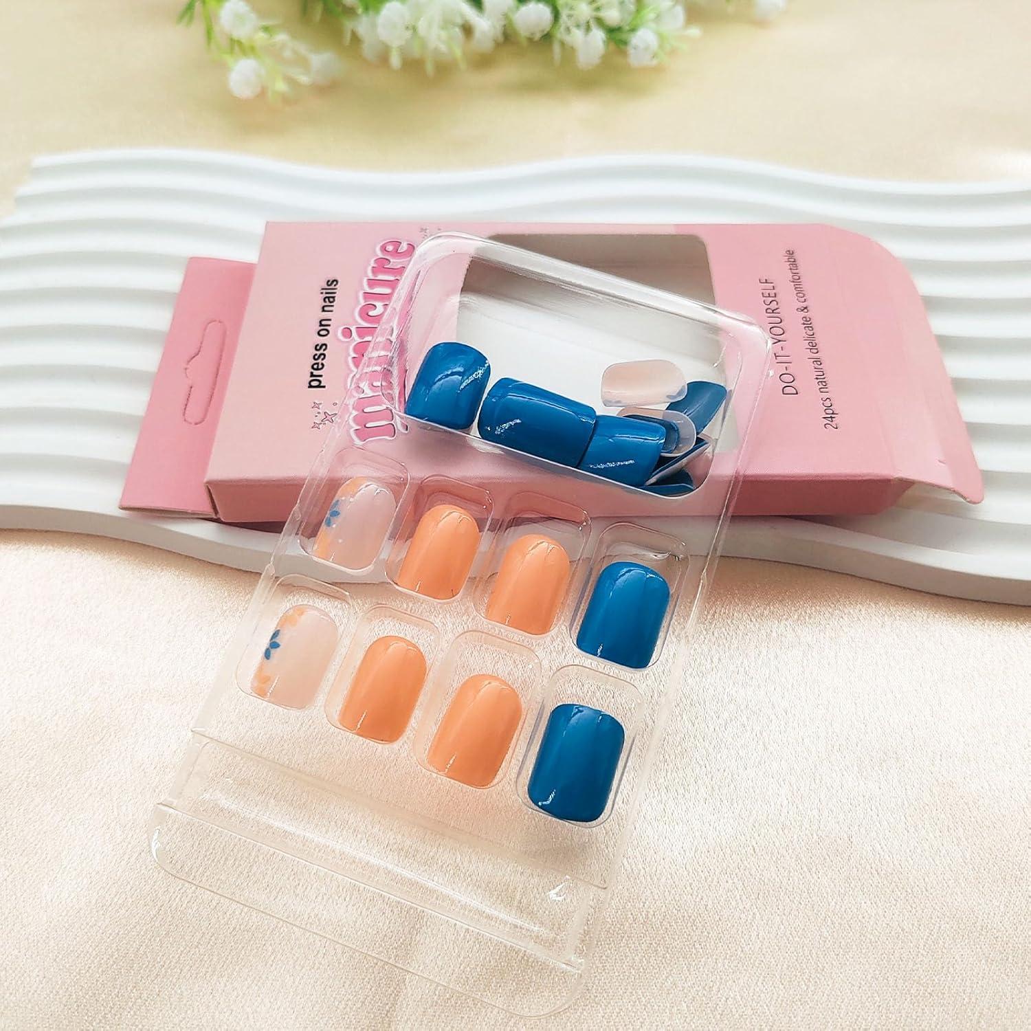 Uñas Postizas Cortas BDRUIXING Flores Azul Naranja 24 Pcs