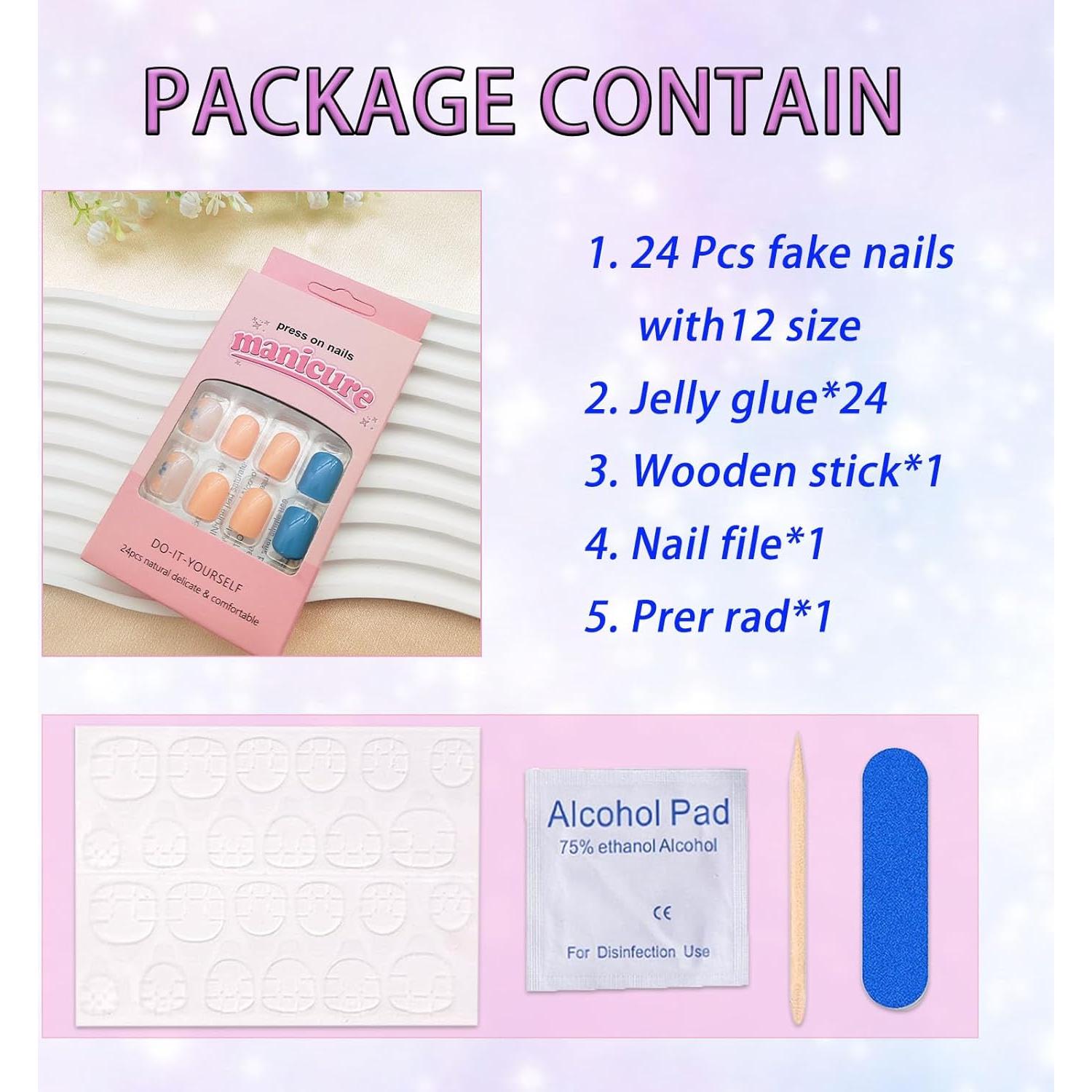 Uñas Postizas Cortas BDRUIXING Flores Azul Naranja 24 Pcs