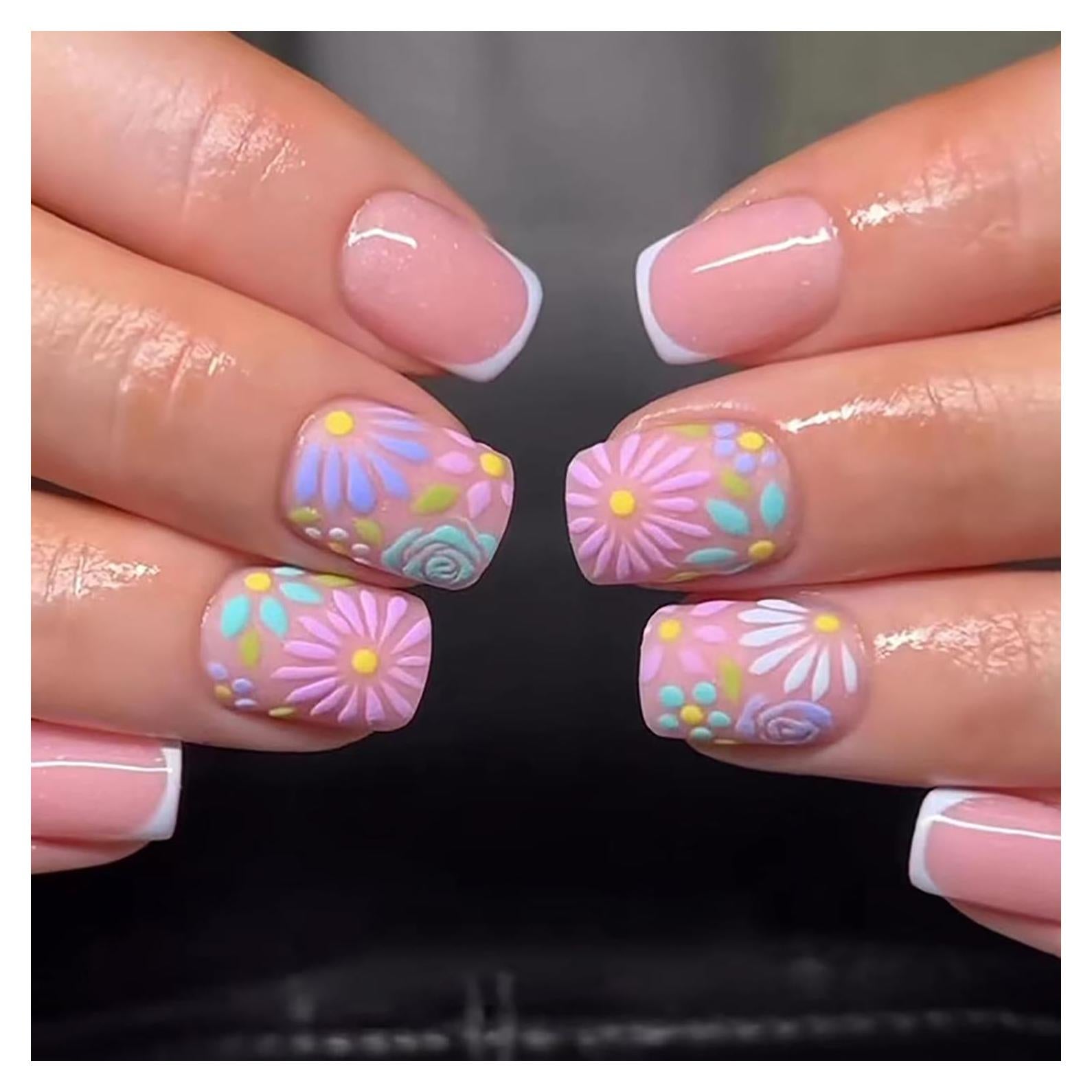 Uñas Postizas Acrílicas Cortas LOPMNGHT Diseño Floral 24 Pzas