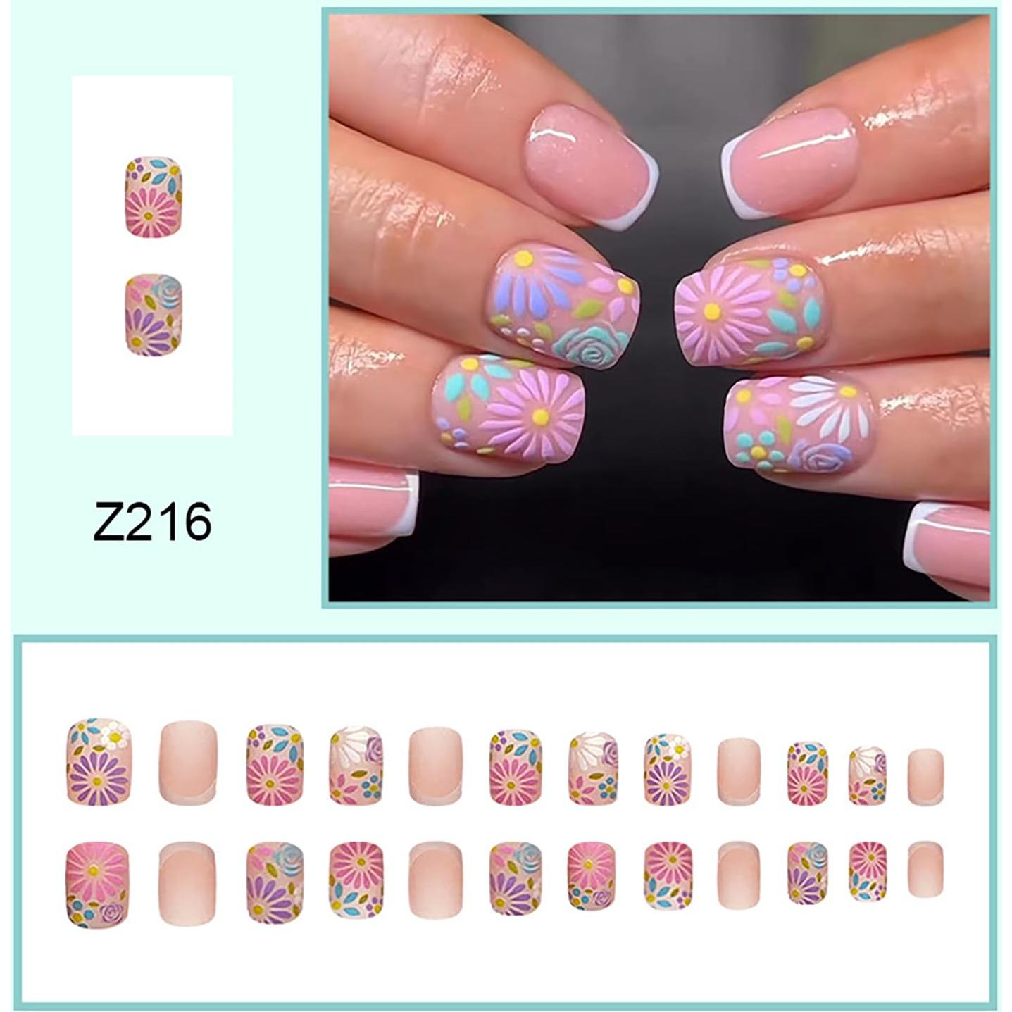 Uñas Postizas Acrílicas Cortas LOPMNGHT Diseño Floral 24 Pzas