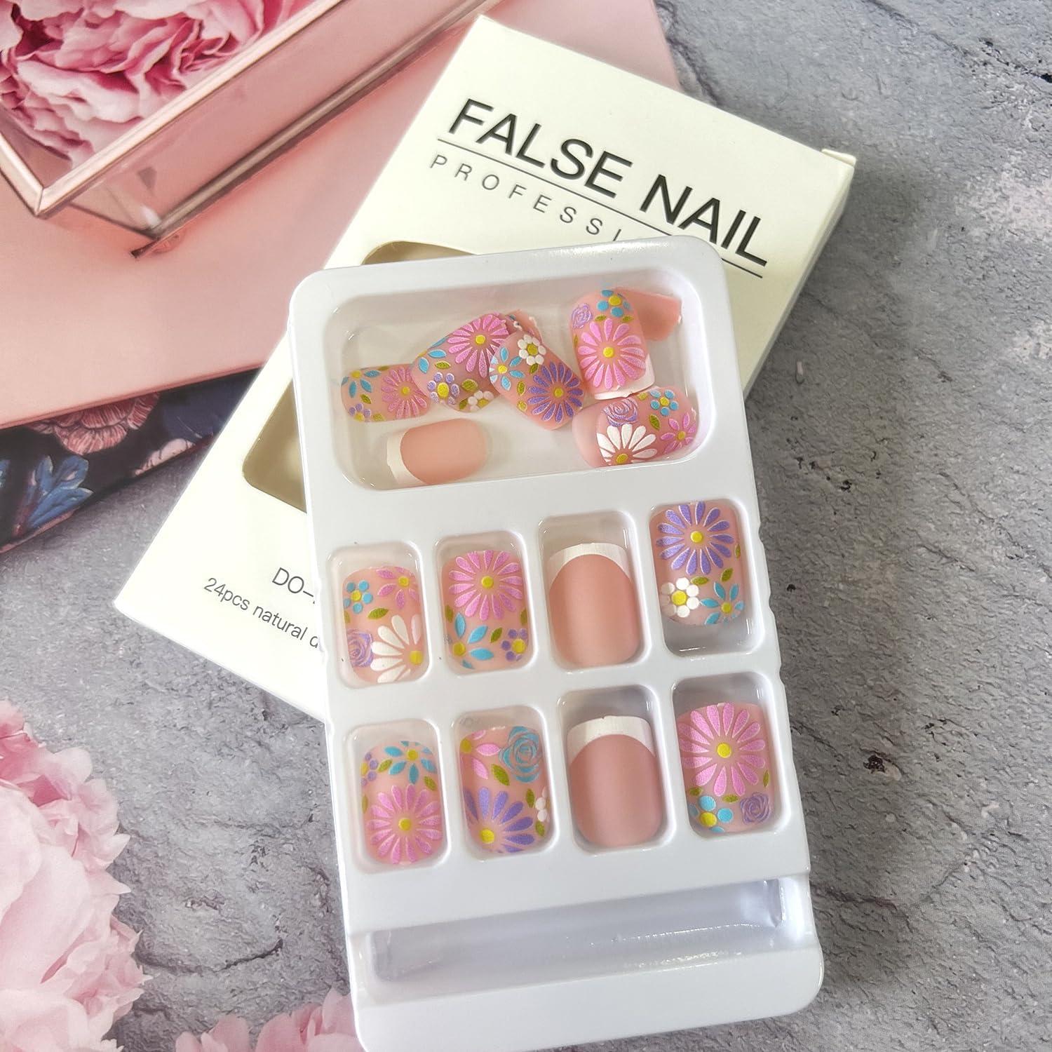 Uñas Postizas Acrílicas Cortas LOPMNGHT Diseño Floral 24 Pzas