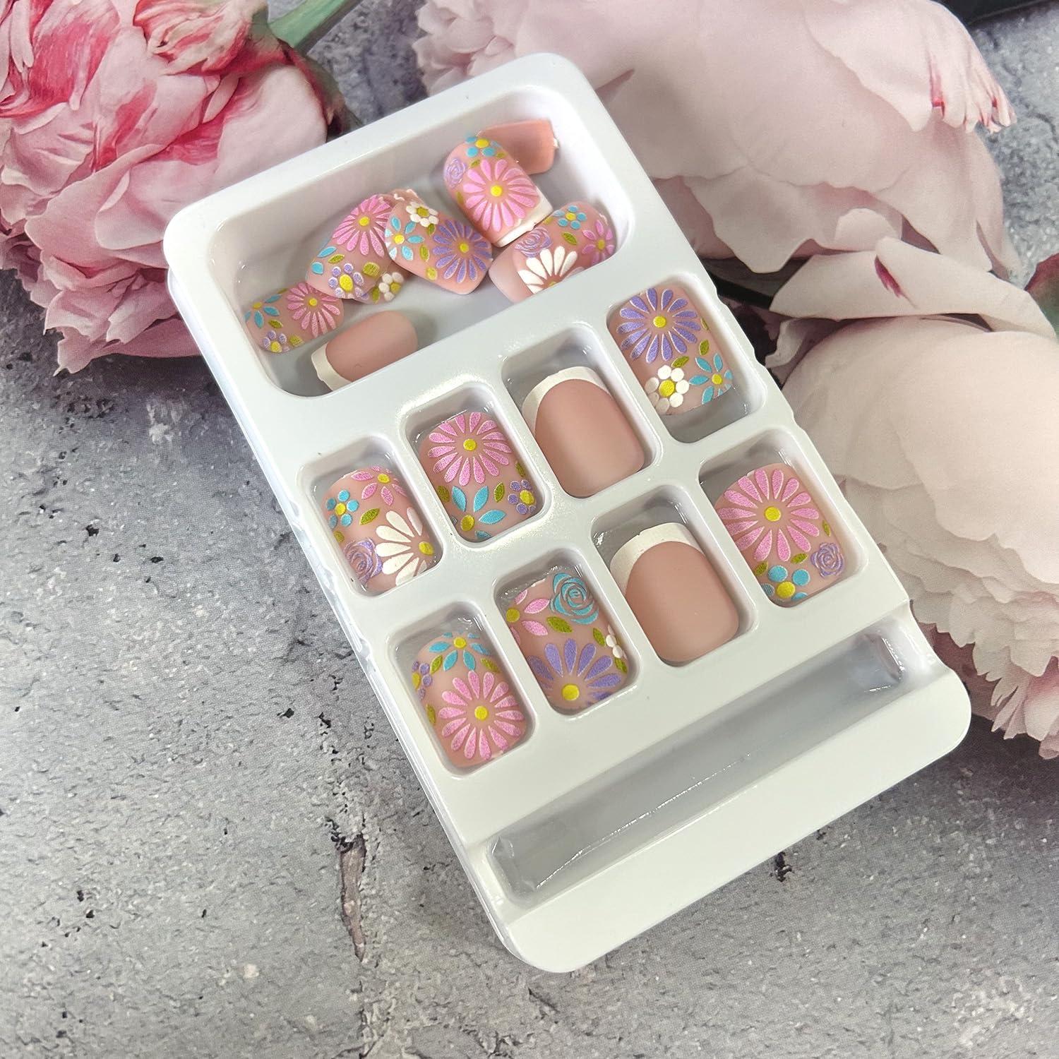 Uñas Postizas Acrílicas Cortas LOPMNGHT Diseño Floral 24 Pzas