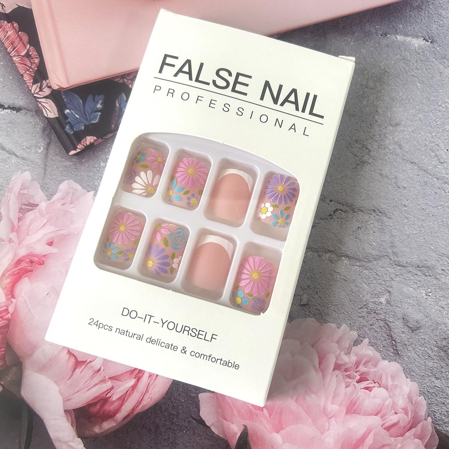 Uñas Postizas Acrílicas Cortas LOPMNGHT Diseño Floral 24 Pzas