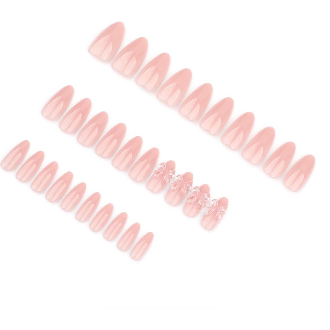24 Uñas Postizas Almendra Rosa Nude OSTTMA con Lazos