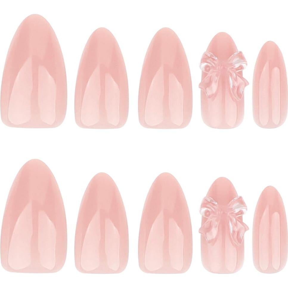 24 Uñas Postizas Almendra Rosa Nude OSTTMA con Lazos