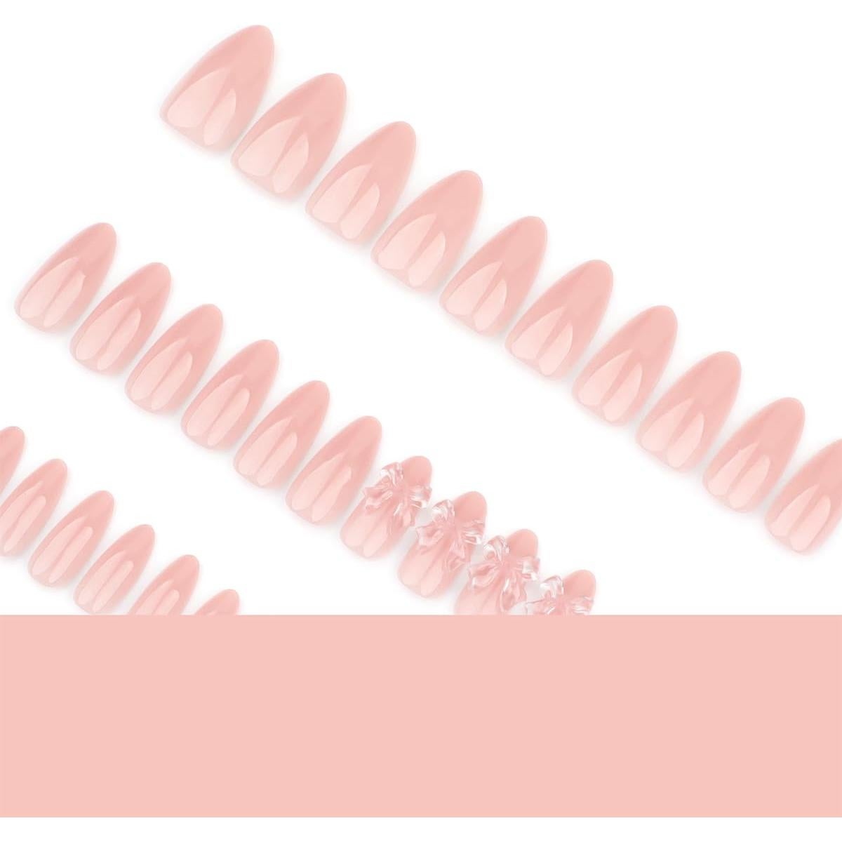 24 Uñas Postizas Almendra Rosa Nude OSTTMA con Lazos