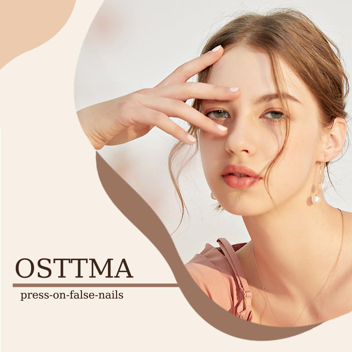 24 Uñas Postizas Almendra Rosa Nude OSTTMA con Lazos