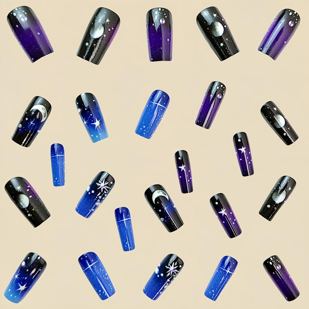 24 Uñas Postizas Negras Medianas Cuadradas YEFIUO Acrílicas