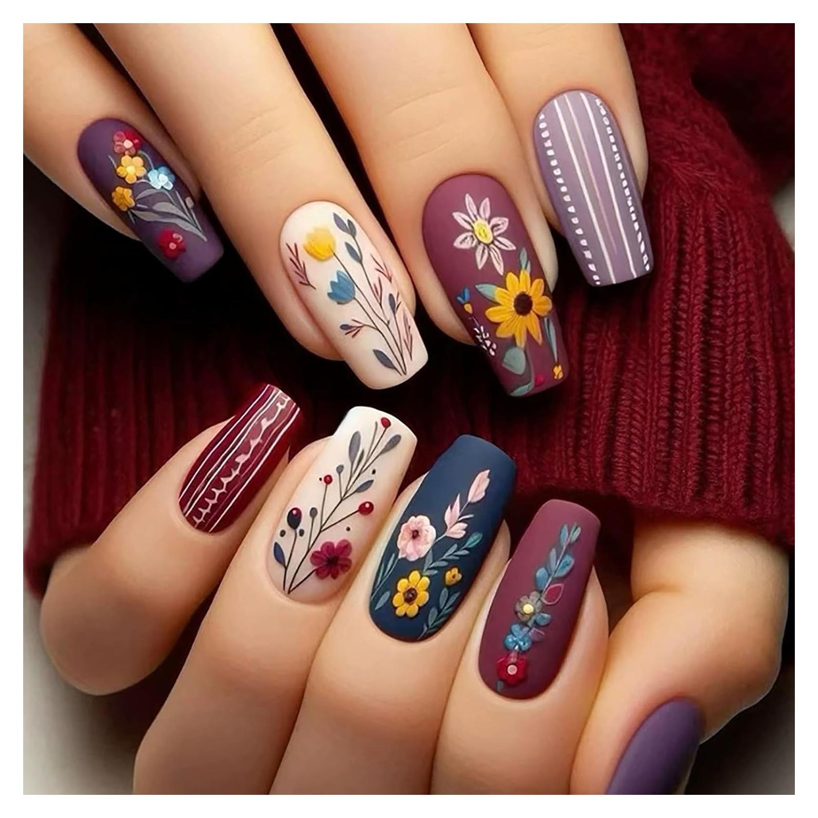 Uñas Postizas Coffin STADWWK 24Pcs Diseño Flores Moradas