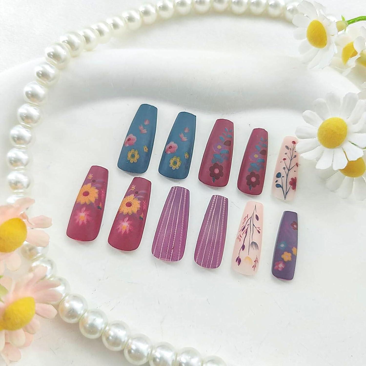 Uñas Postizas Coffin STADWWK 24Pcs Diseño Flores Moradas