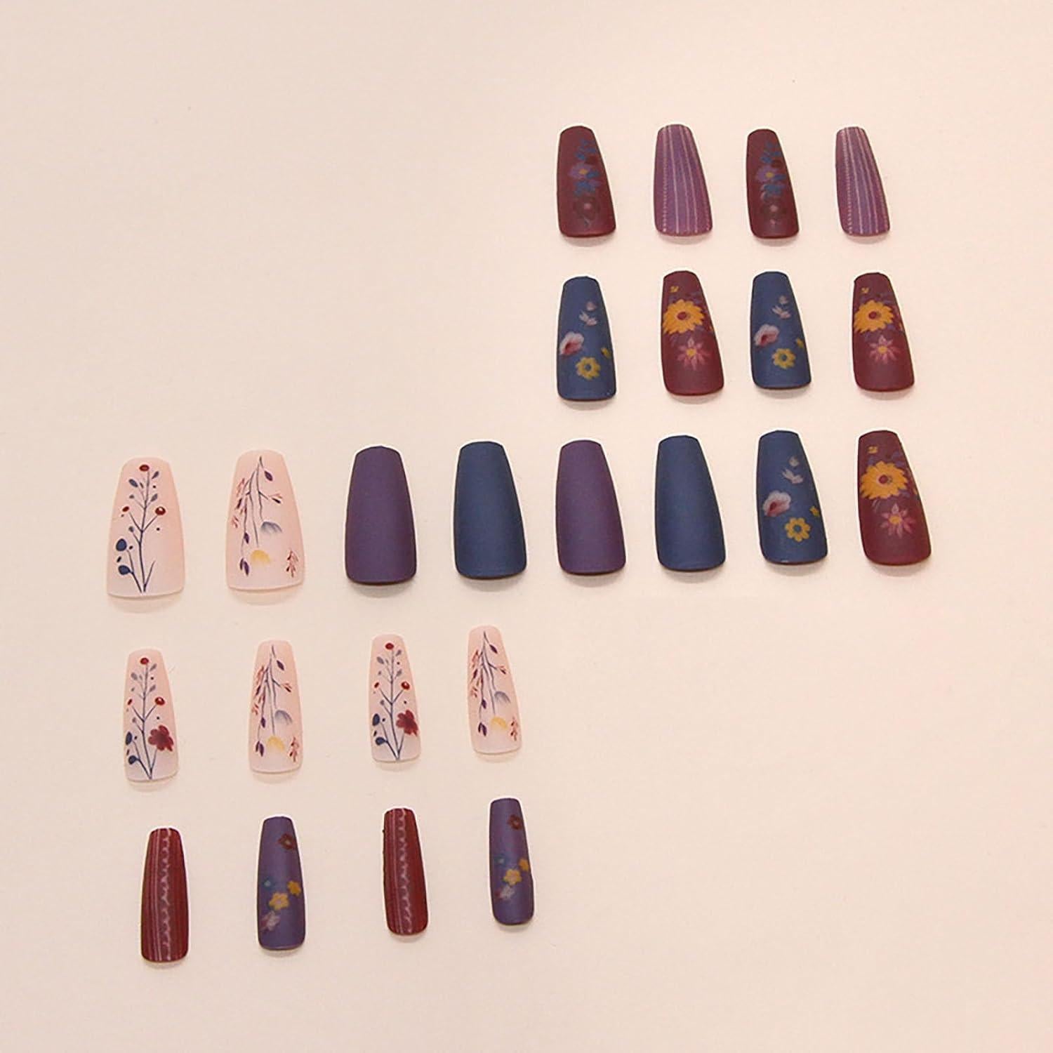 Uñas Postizas Coffin STADWWK 24Pcs Diseño Flores Moradas