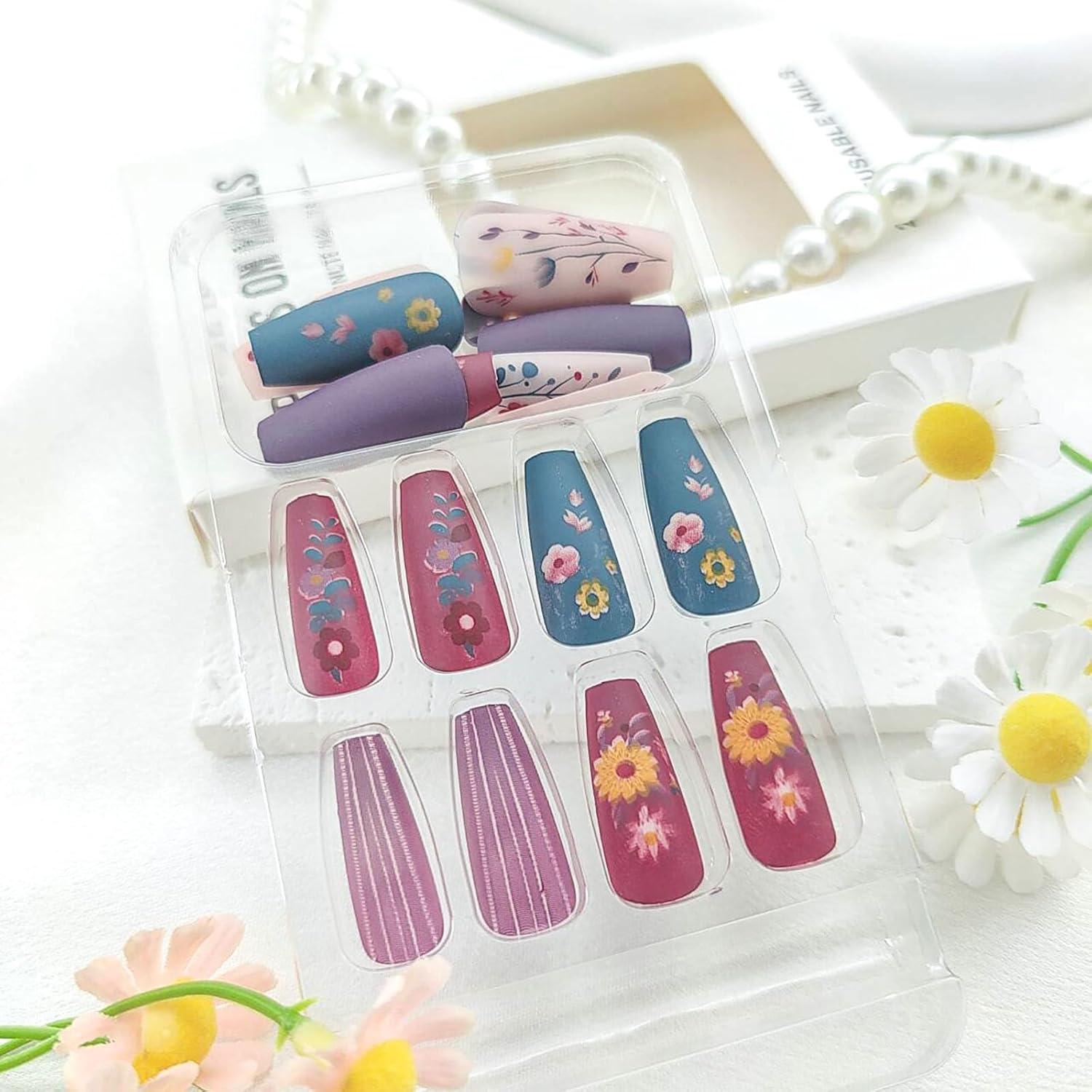 Uñas Postizas Coffin STADWWK 24Pcs Diseño Flores Moradas