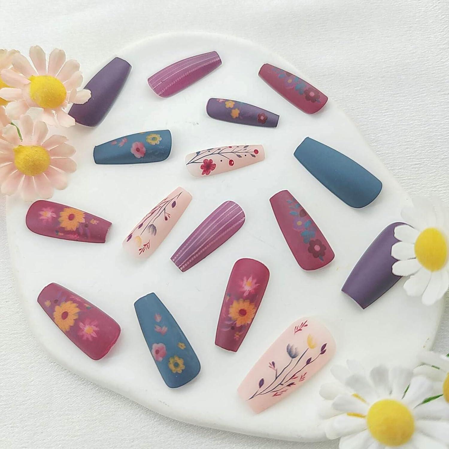 Uñas Postizas Coffin STADWWK 24Pcs Diseño Flores Moradas