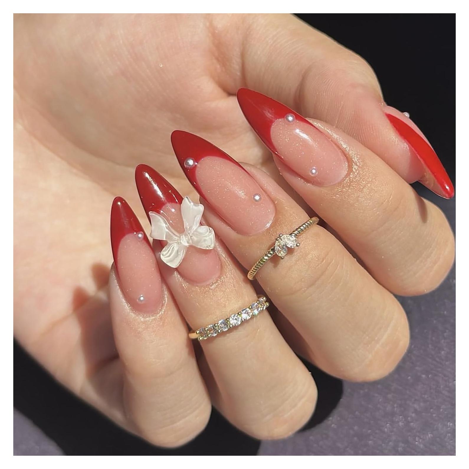 Kit 24 Uñas Postizas Francesas Rojas Sutaozhi con Lazos