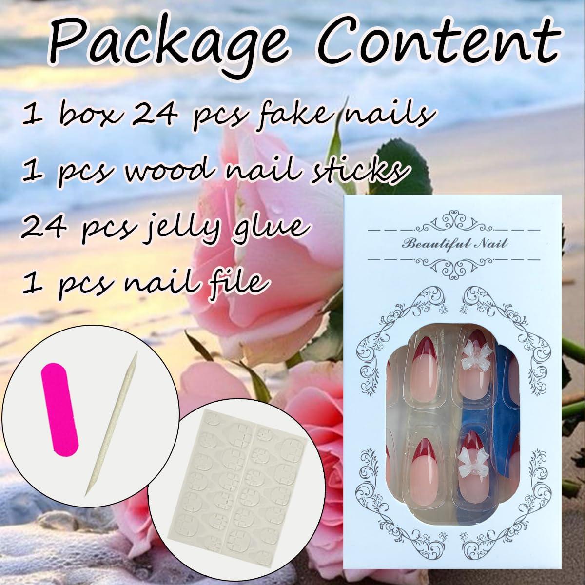 Kit 24 Uñas Postizas Francesas Rojas Sutaozhi con Lazos