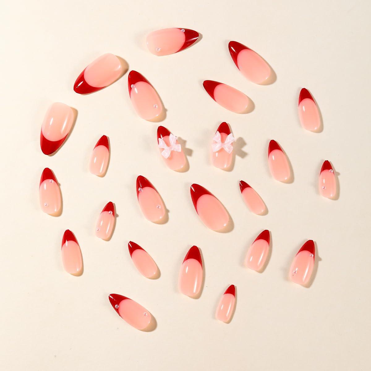 Kit 24 Uñas Postizas Francesas Rojas Sutaozhi con Lazos